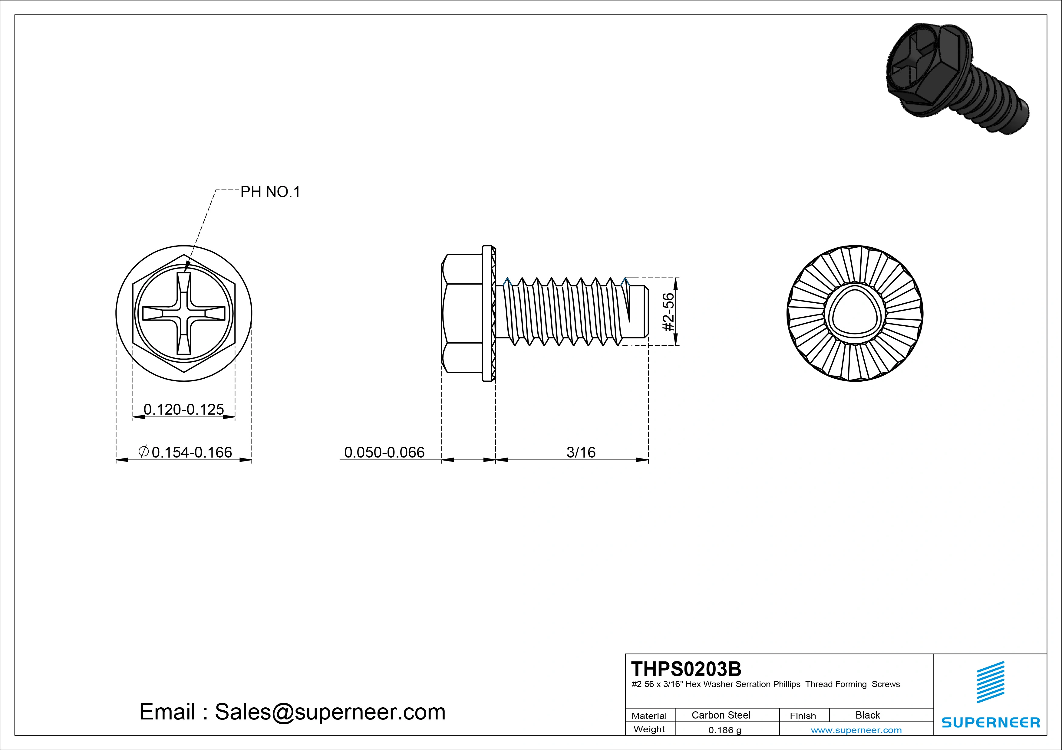 2-56 × 3/16 Hex Washer Serration Phillips Thread Forming  Screws for Metal  Steel Black