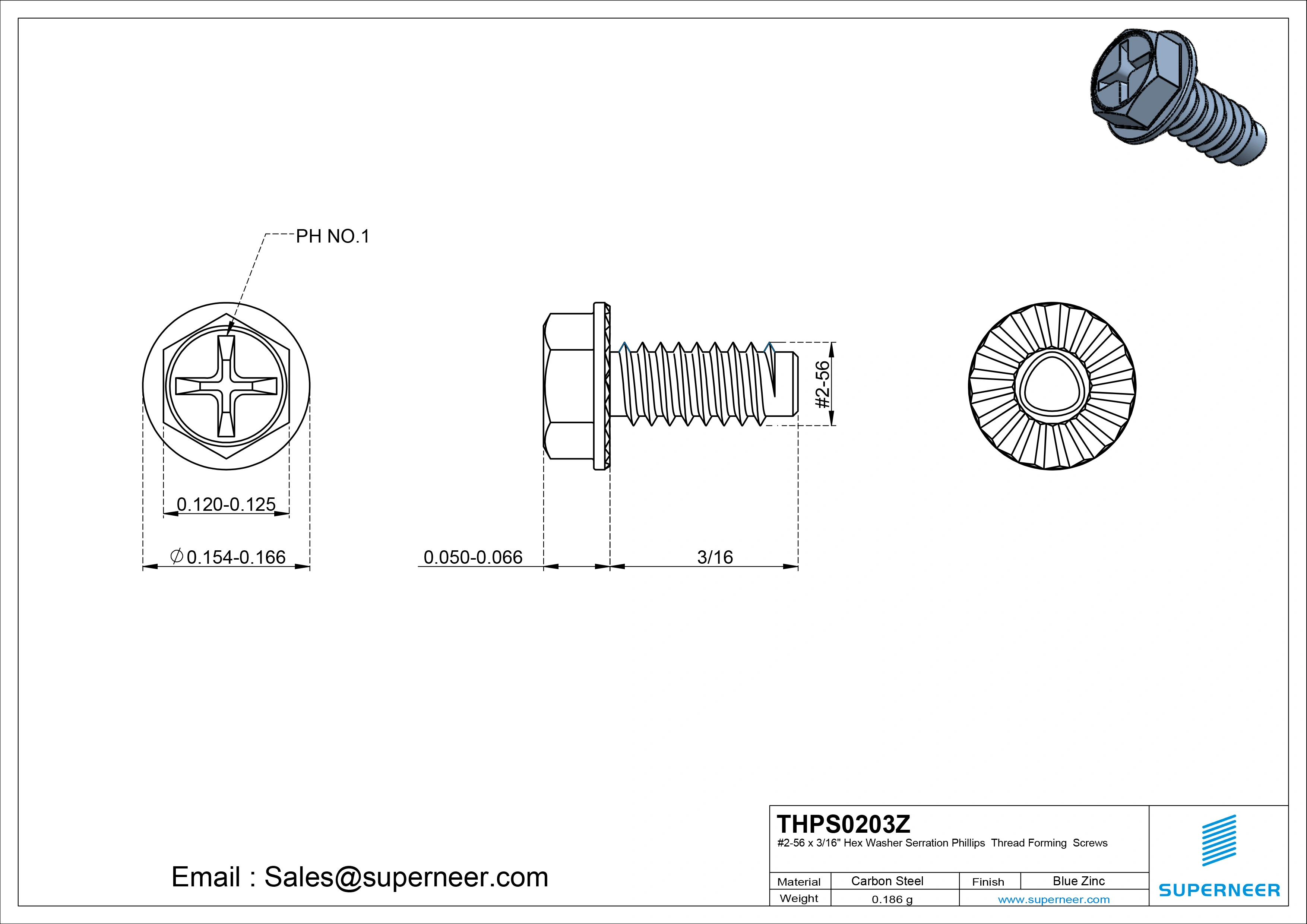 2-56 × 3/16 Hex Washer Serration Phillips Thread Forming  Screws for Metal  Steel Blue Zinc Plated