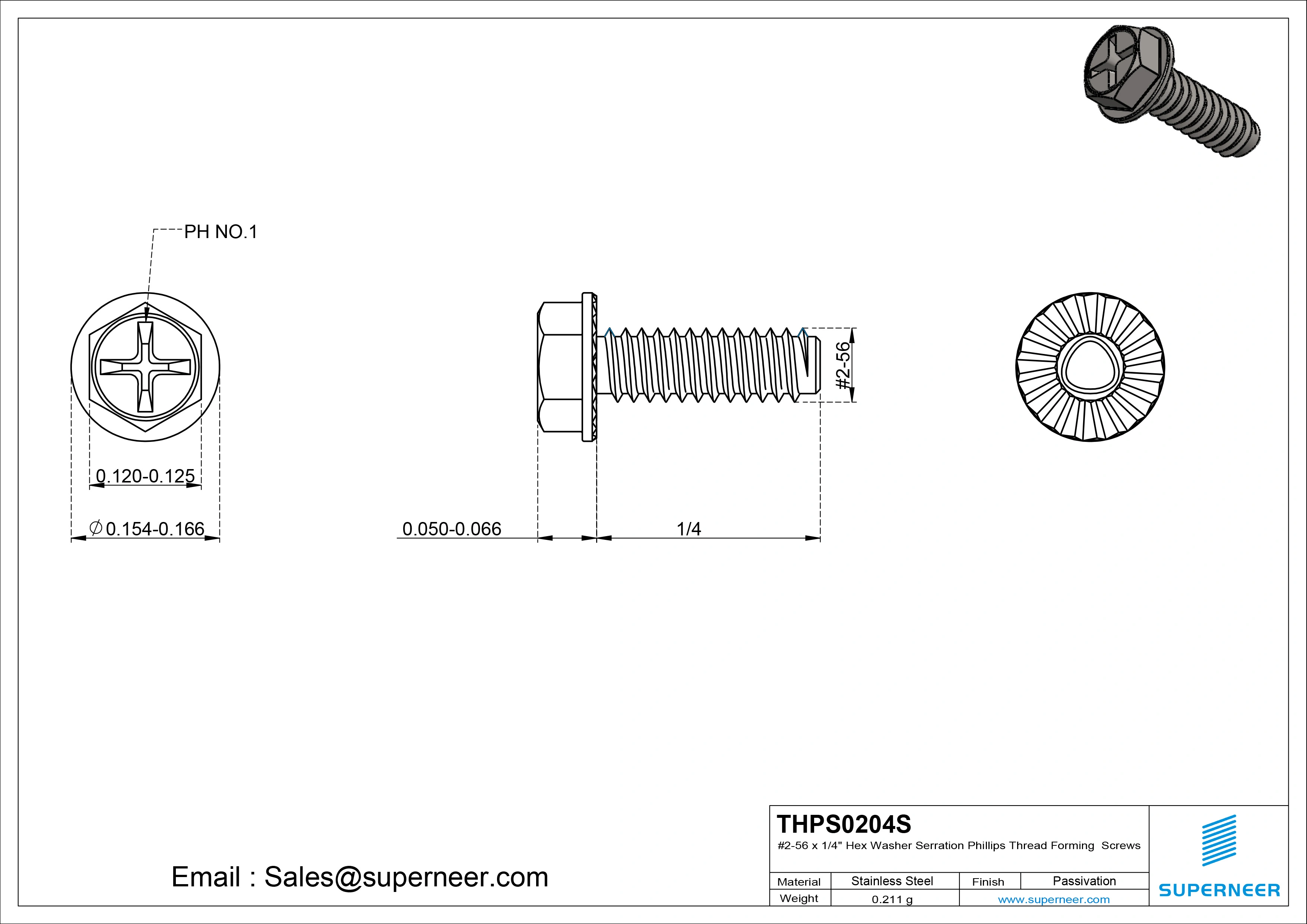 2-56 × 1/4 Hex Washer Serration Phillips Thread Forming  Screws for Metal  SUS304 Stainless Steel Inox