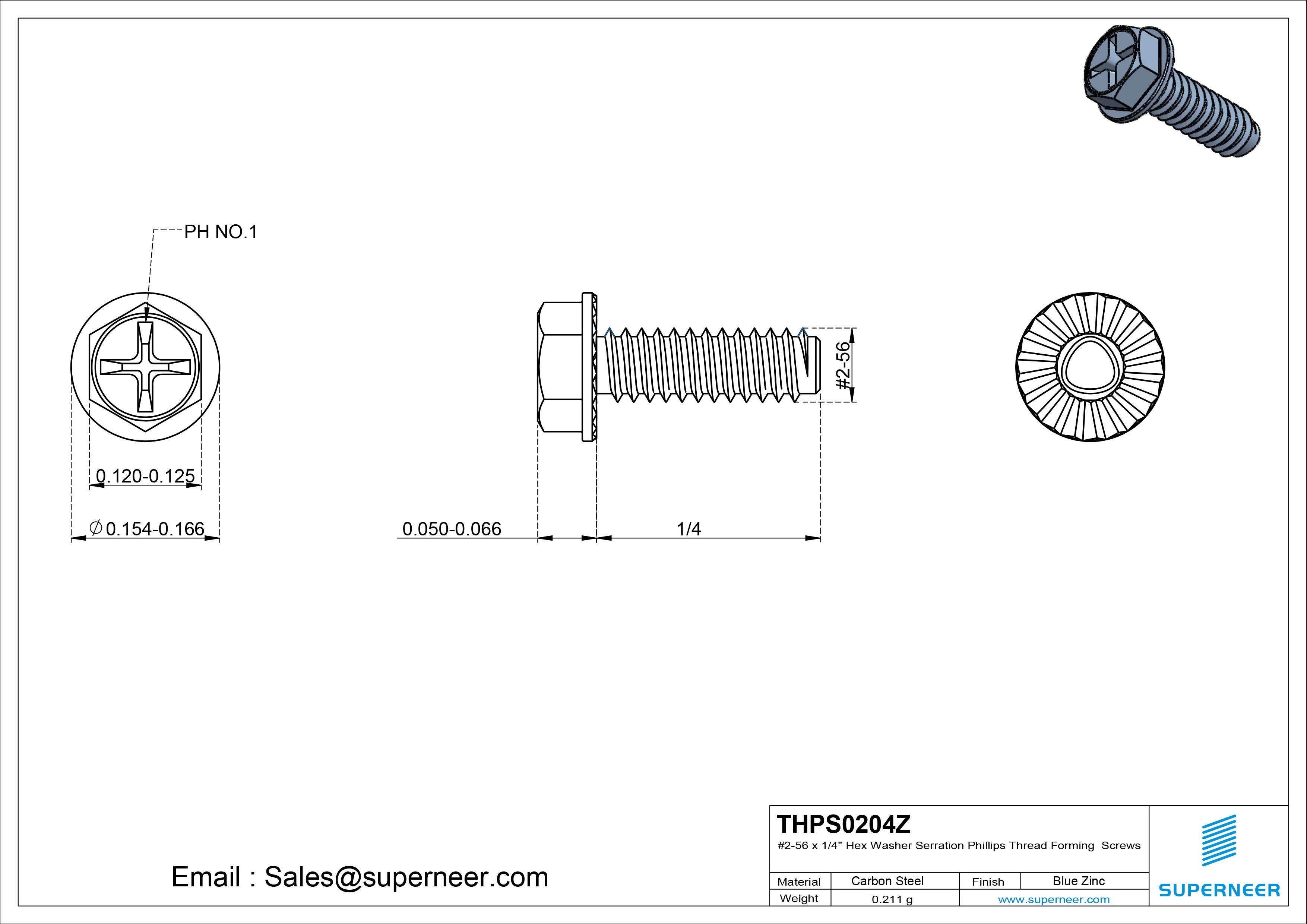 2-56 × 1/4 Hex Washer Serration Phillips Thread Forming  Screws for Metal  Steel Blue Zinc Plated