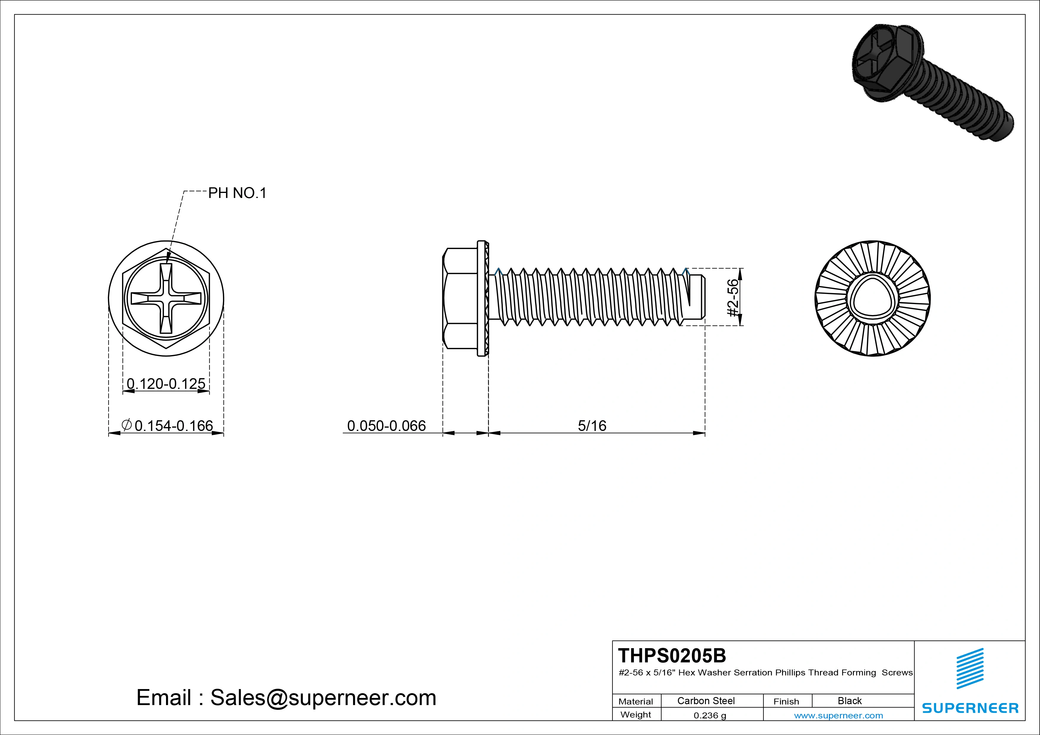 2-56 × 5/16 Hex Washer Serration Phillips Thread Forming  Screws for Metal  Steel Black