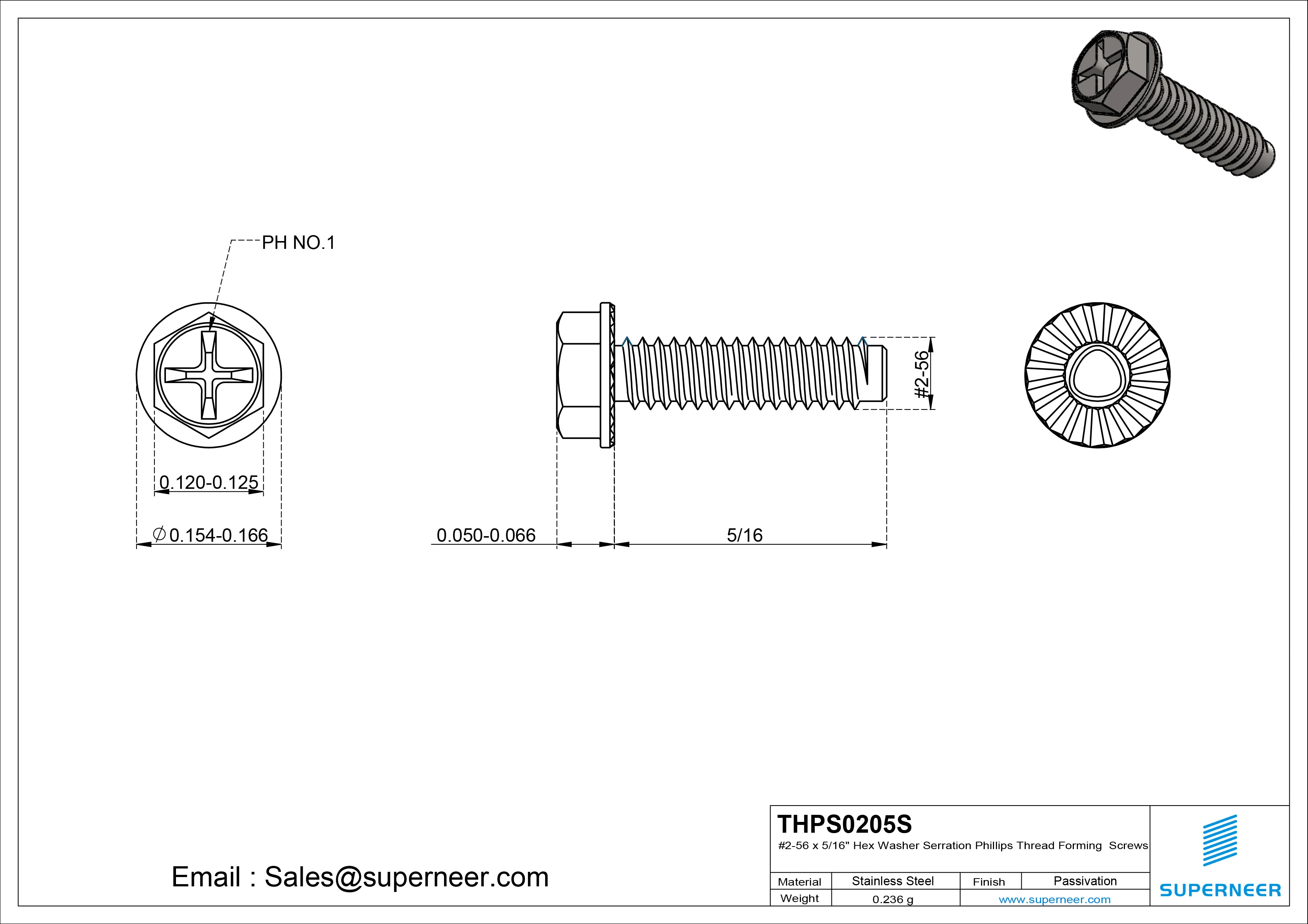 2-56 × 5/16 Hex Washer Serration Phillips Thread Forming  Screws for Metal  SUS304 Stainless Steel Inox