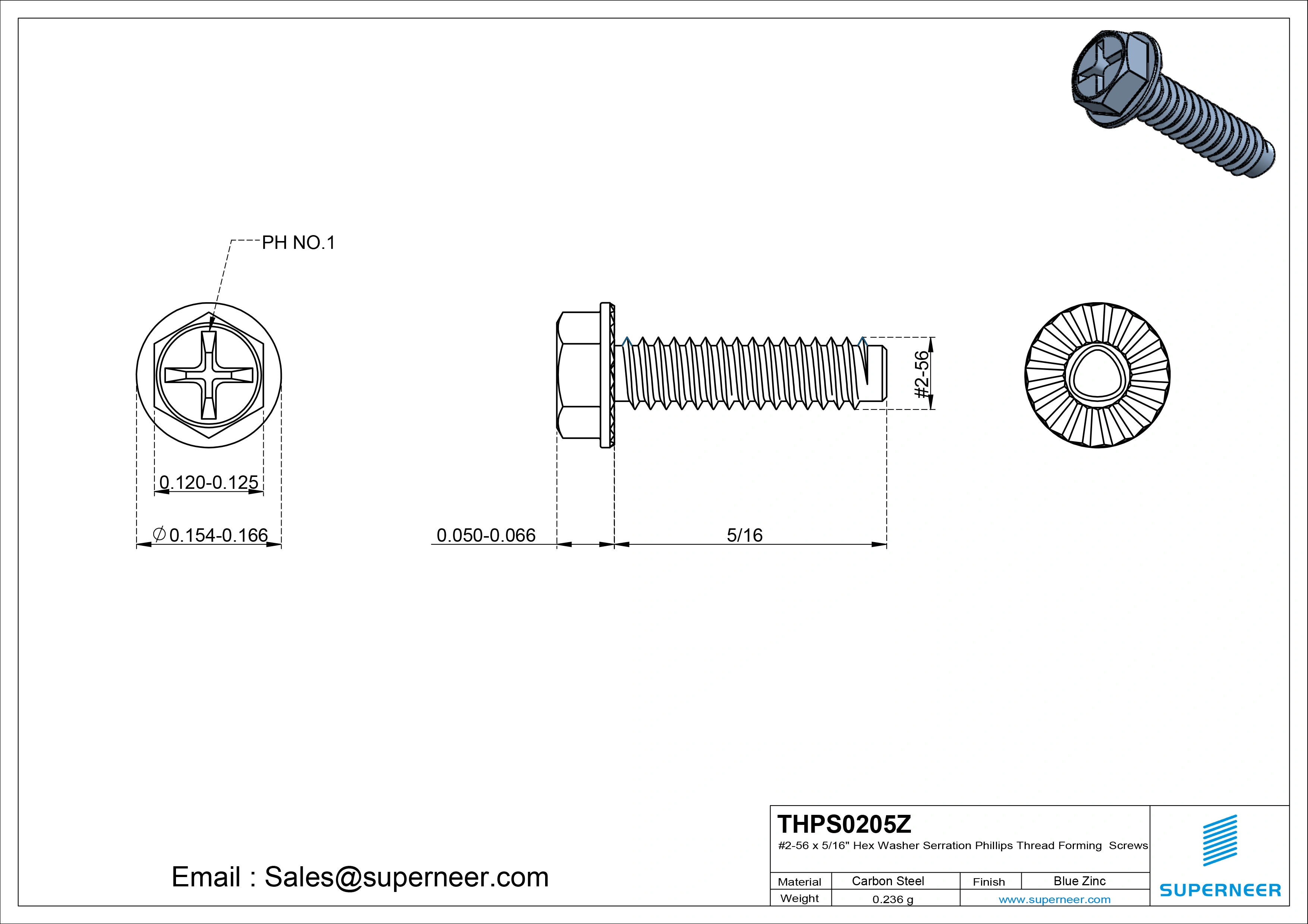 2-56 × 5/16 Hex Washer Serration Phillips Thread Forming  Screws for Metal  Steel Blue Zinc Plated