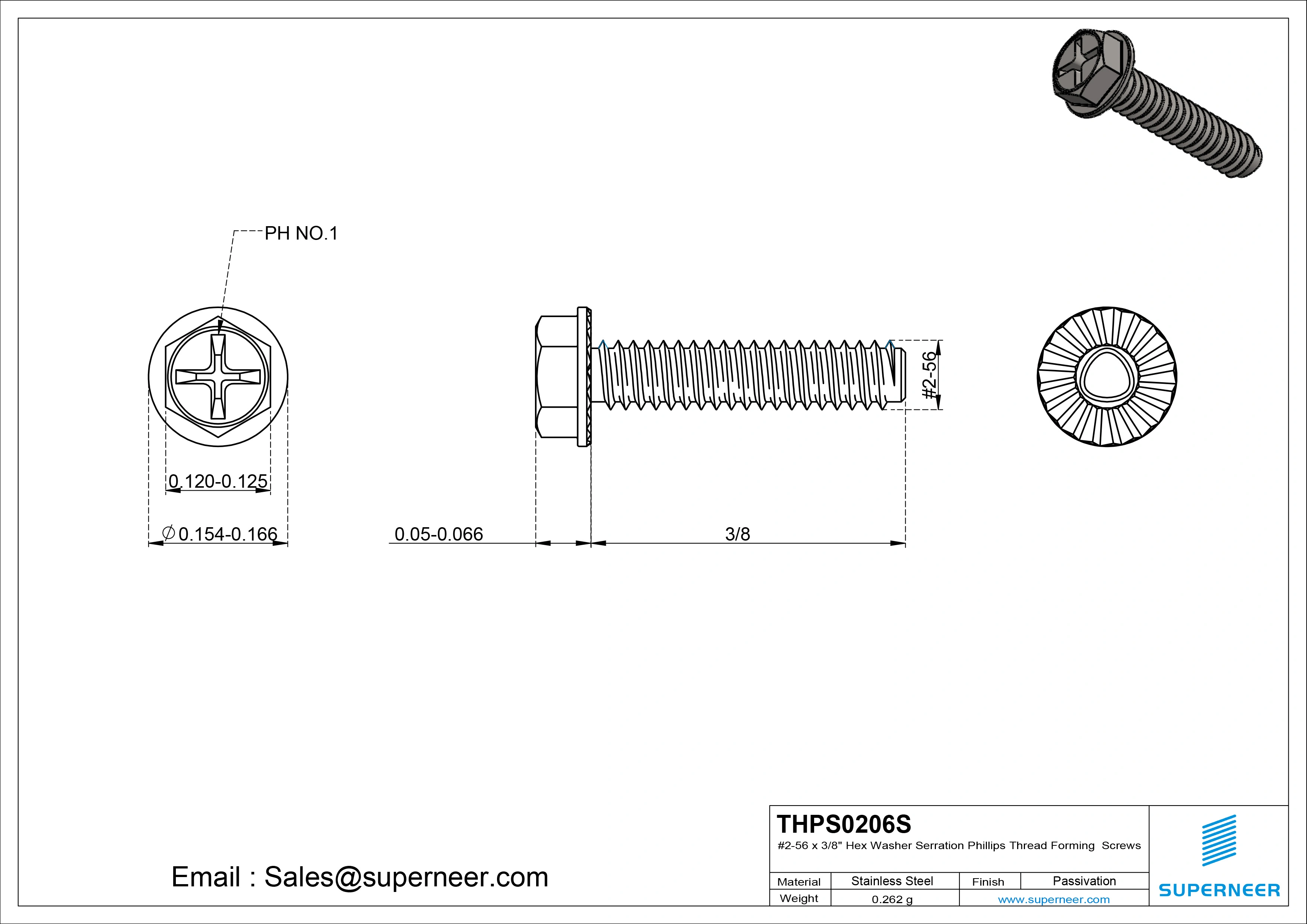 2-56 × 3/8 Hex Washer Serration Phillips Thread Forming  Screws for Metal  SUS304 Stainless Steel Inox