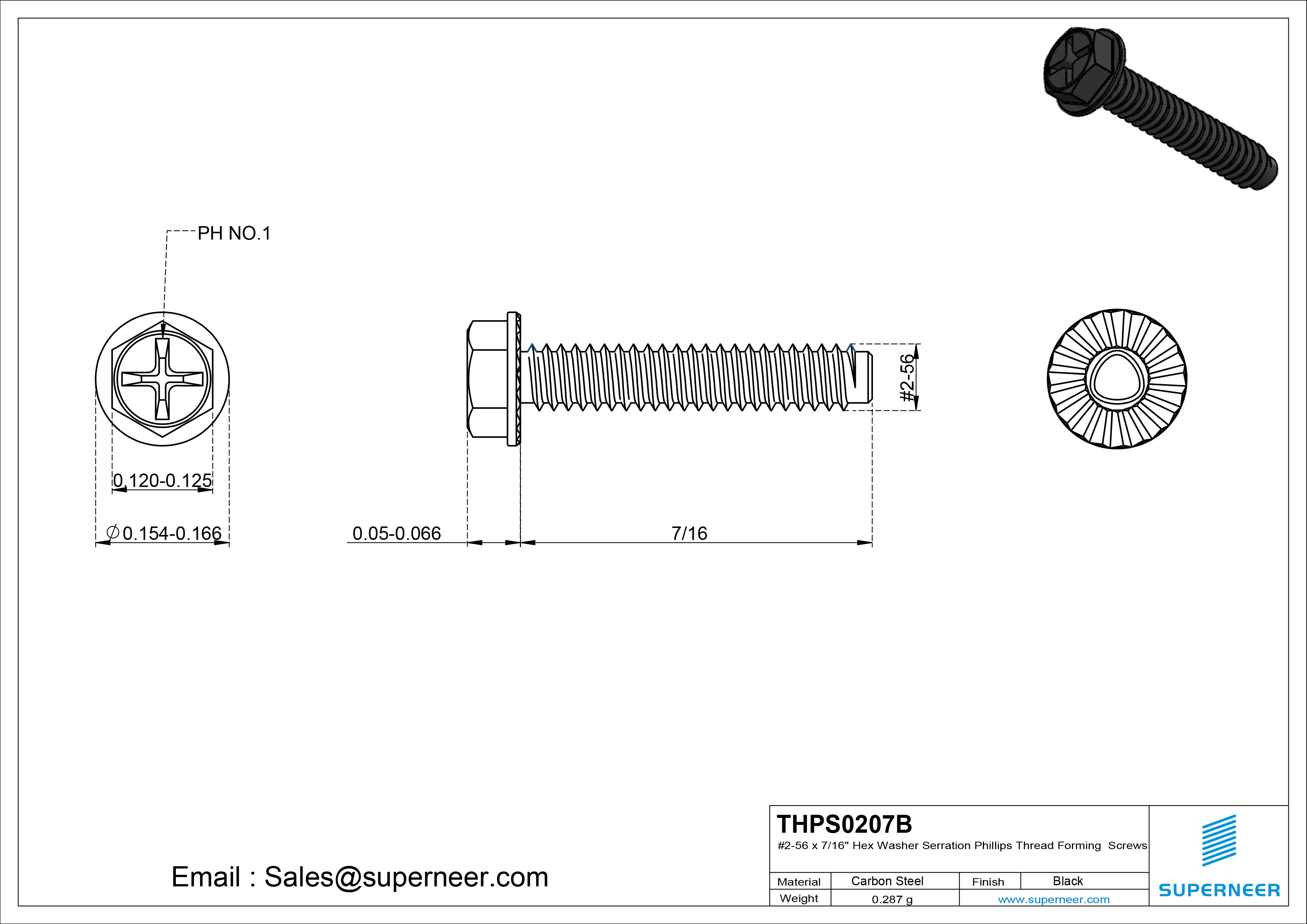 2-56 × 7/16 Hex Washer Serration Phillips Thread Forming  Screws for Metal  Steel Black