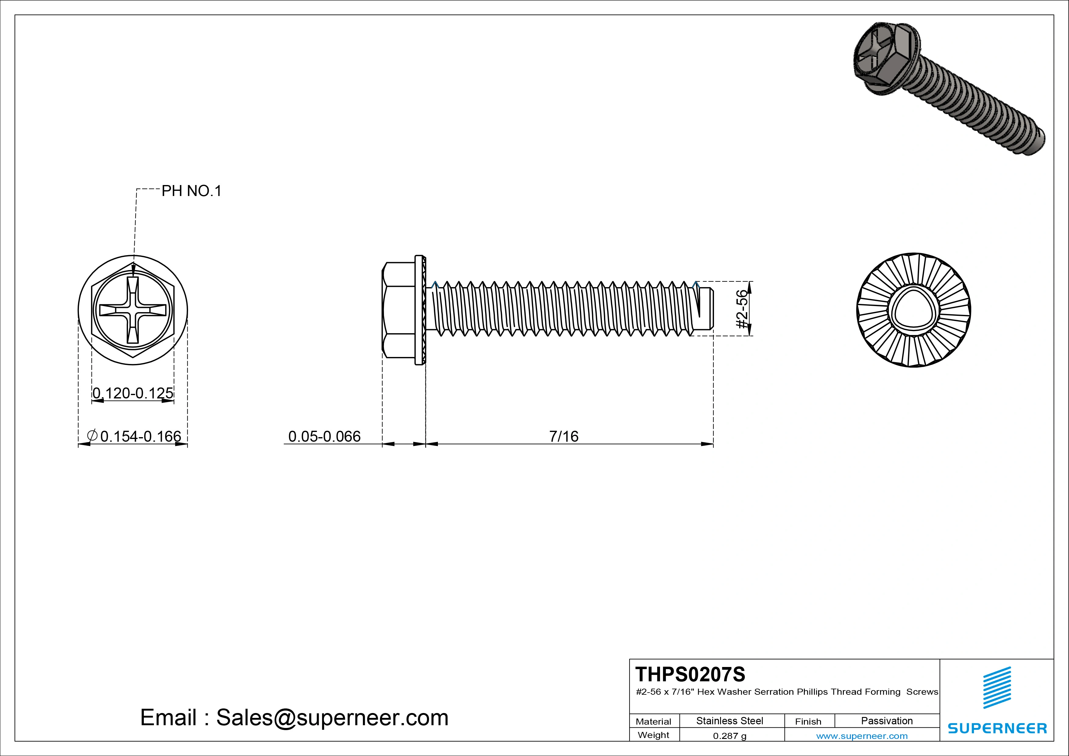 2-56 × 7/16 Hex Washer Serration Phillips Thread Forming  Screws for Metal  SUS304 Stainless Steel Inox