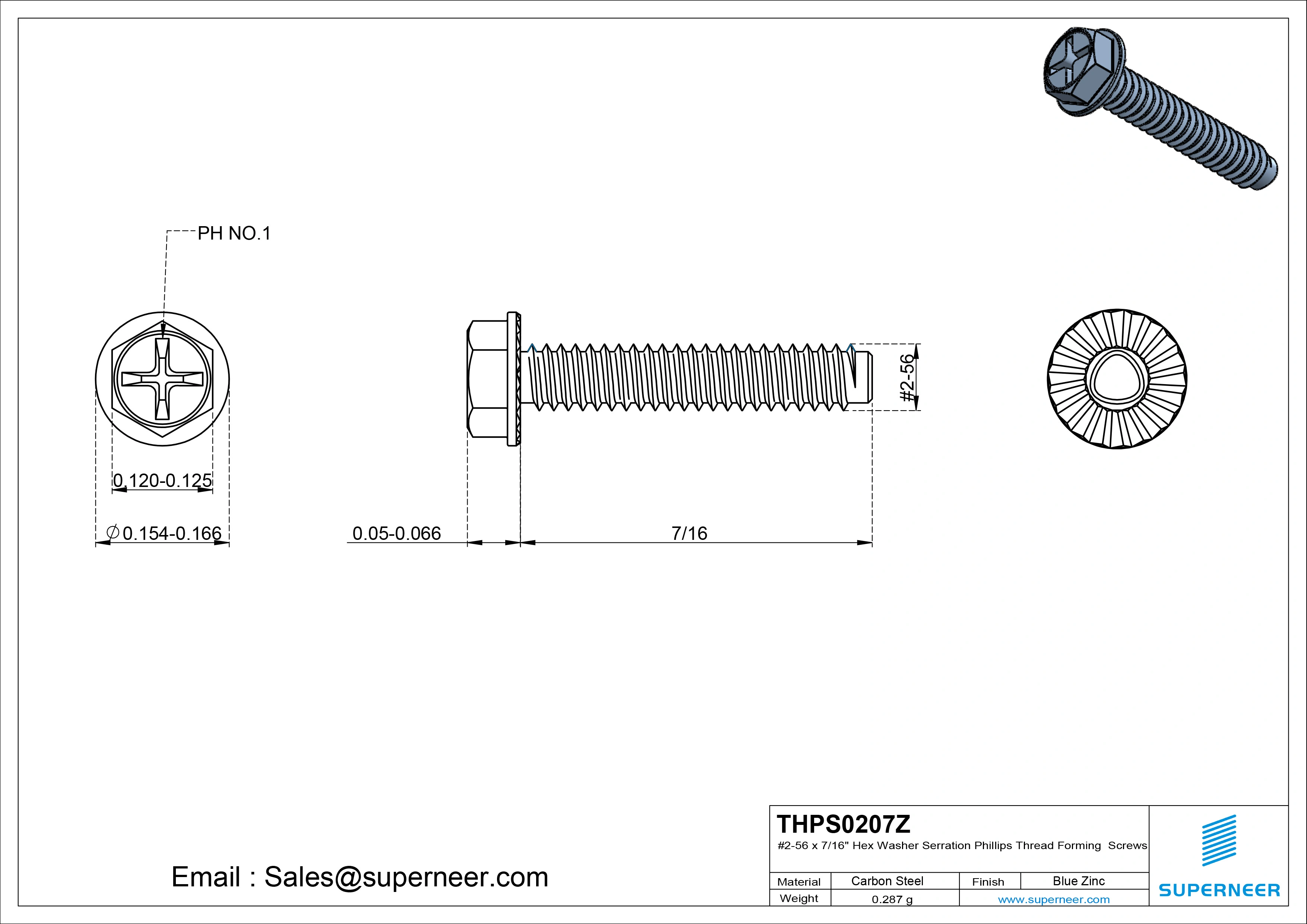 2-56 × 7/16 Hex Washer Serration Phillips Thread Forming  Screws for Metal  Steel Blue Zinc Plated