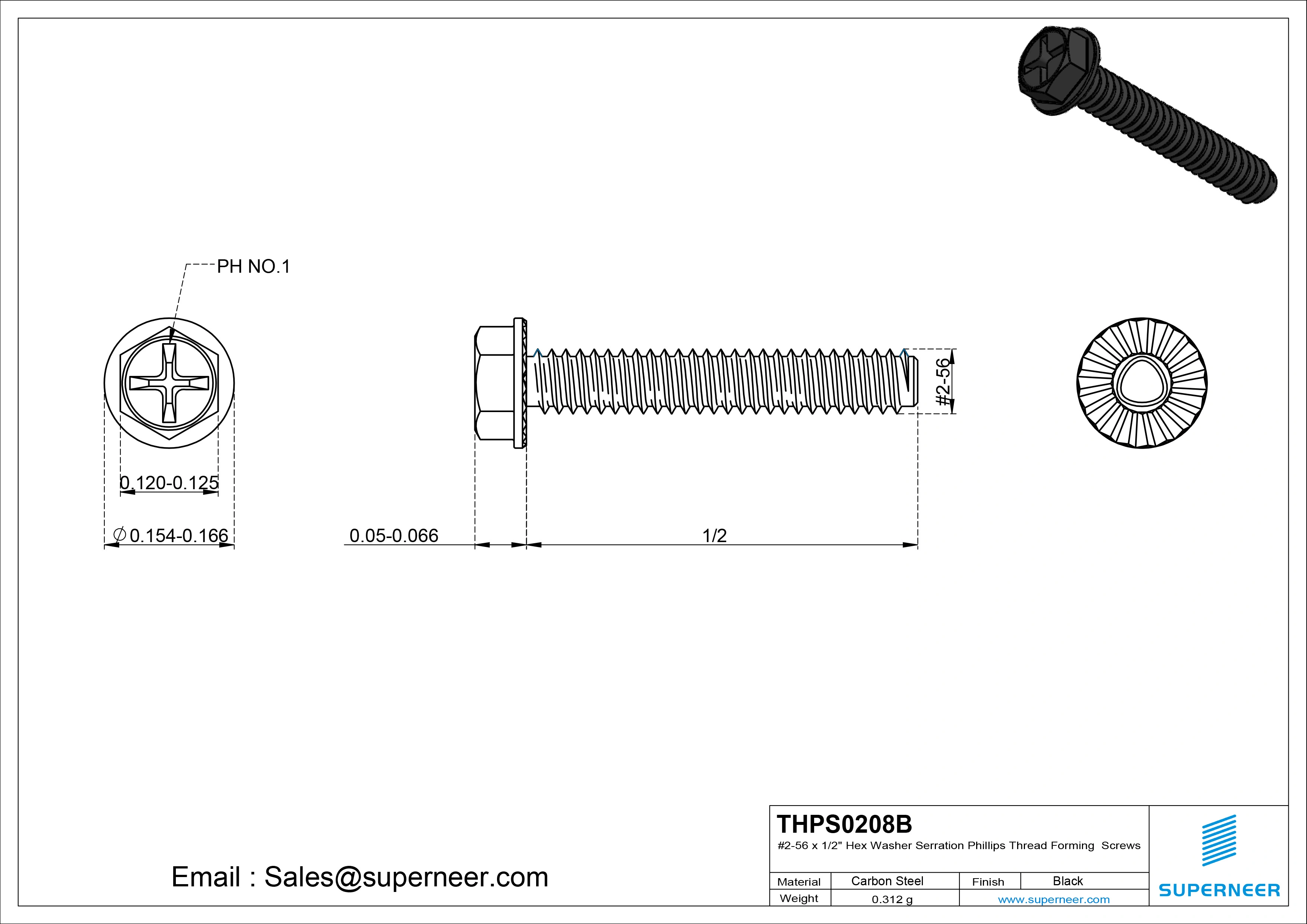 2-56 × 1/2 Hex Washer Serration Phillips Thread Forming  Screws for Metal  Steel Black