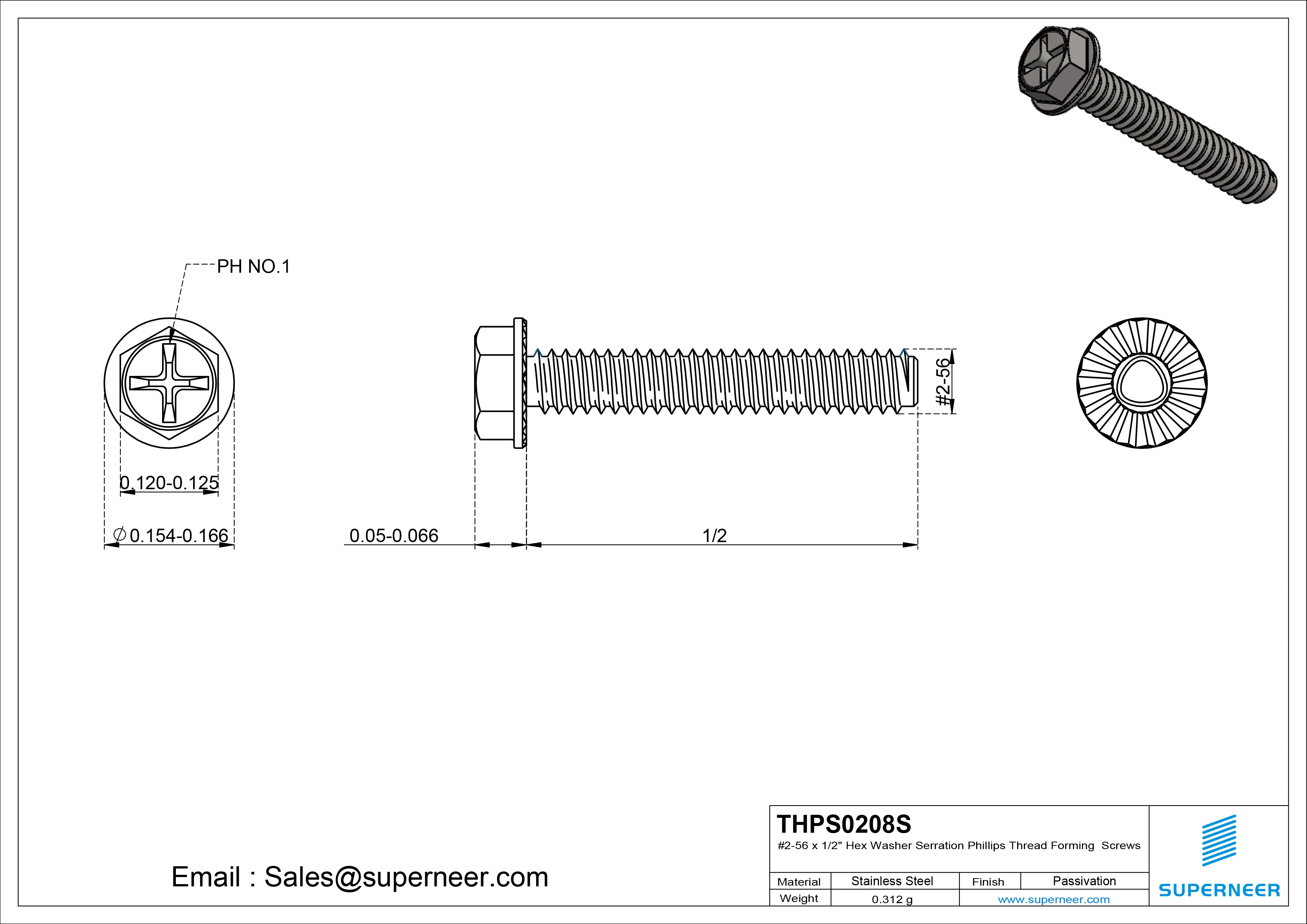 2-56 × 1/2 Hex Washer Serration Phillips Thread Forming  Screws for Metal  SUS304 Stainless Steel Inox