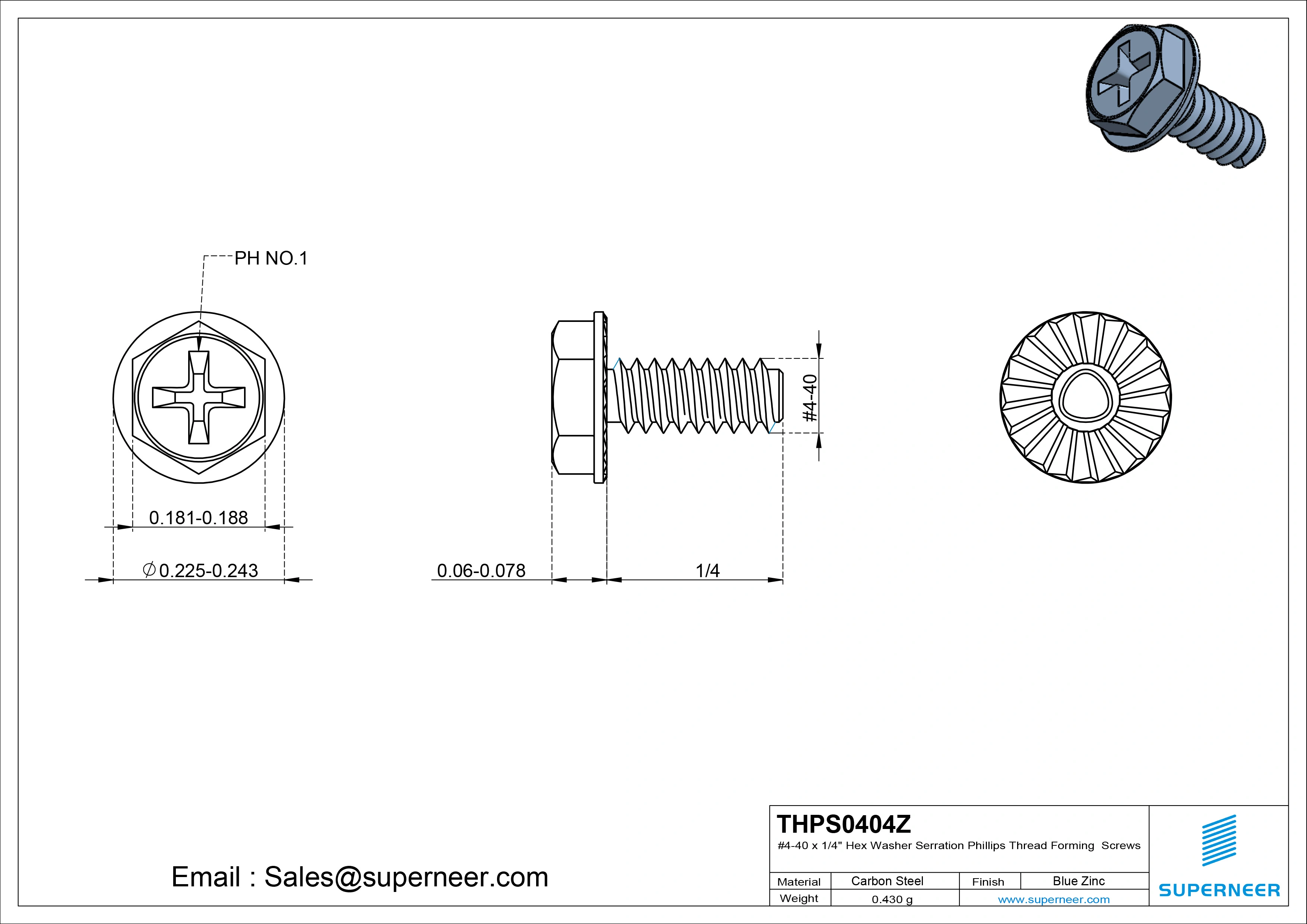 4-40 × 1/4 Hex Washer Serration Phillips Thread Forming  Screws for Metal  Steel Blue Zinc Plated