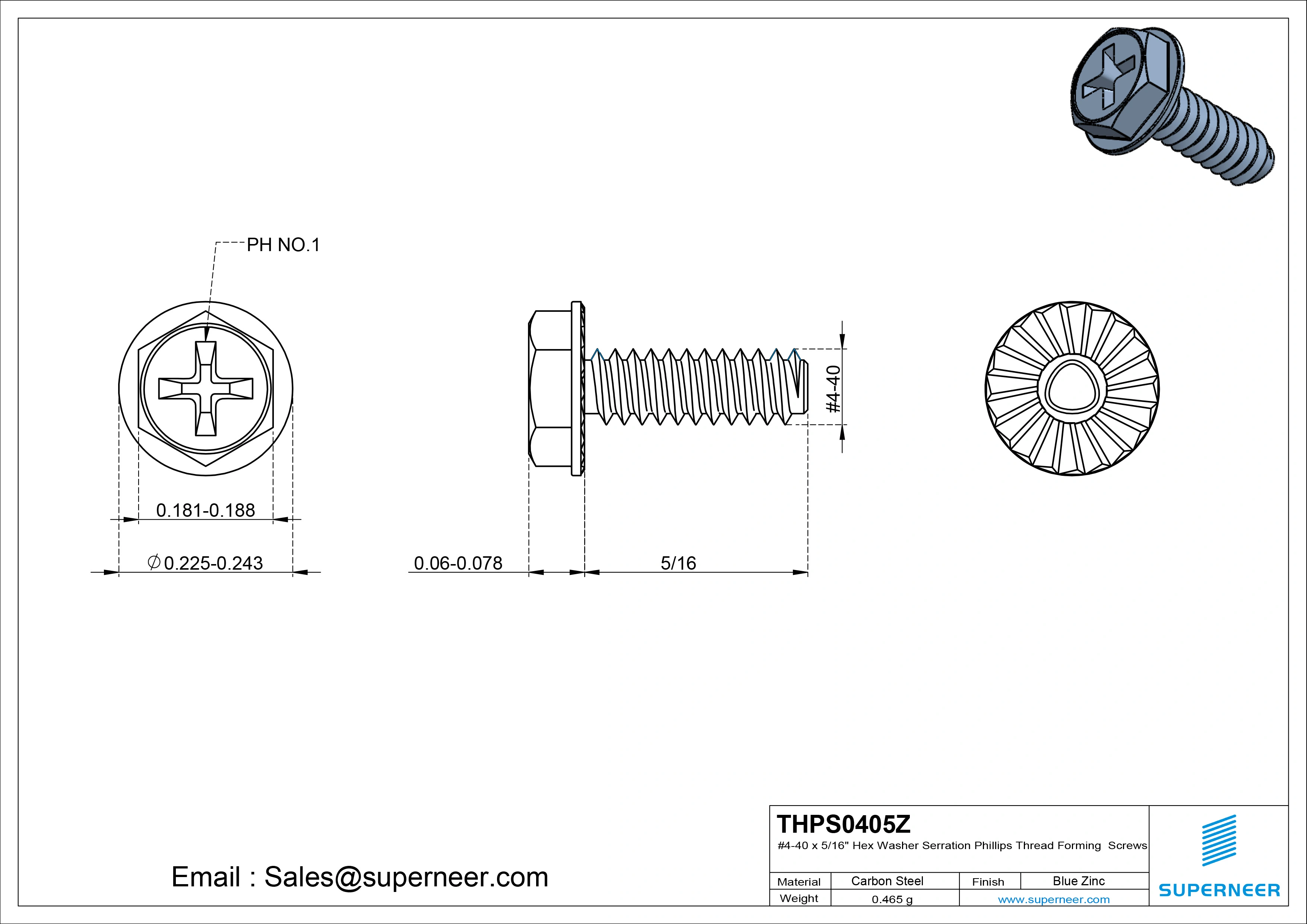 4-40 × 5/16 Hex Washer Serration Phillips Thread Forming  Screws for Metal  Steel Blue Zinc Plated