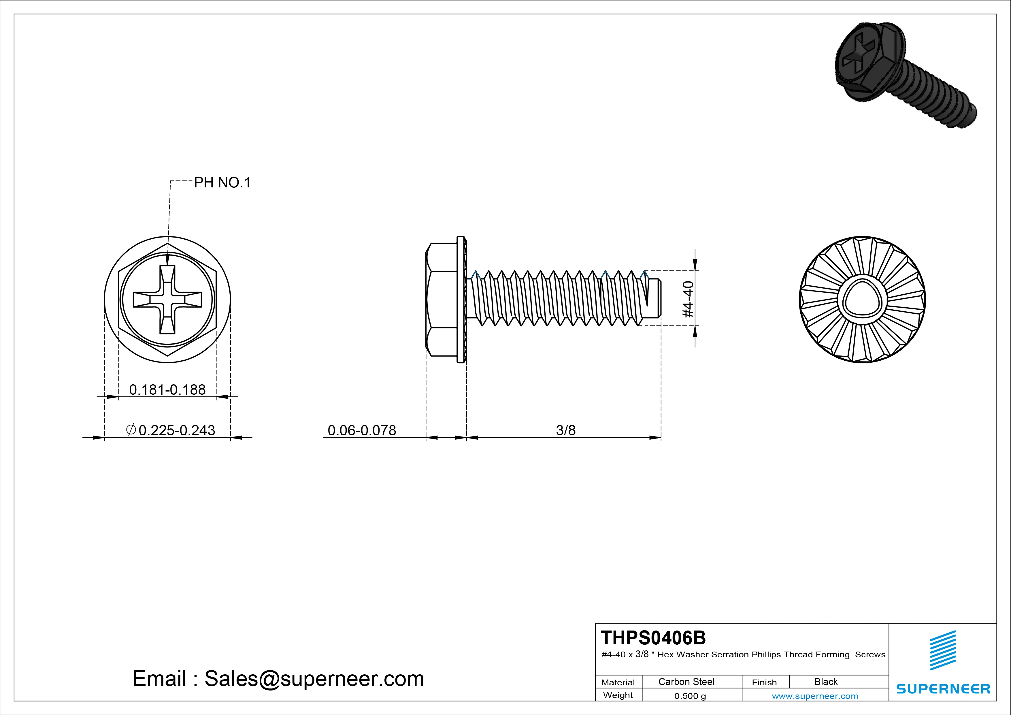 4-40 × 3/8 Hex Washer Serration Phillips Thread Forming  Screws for Metal  Steel Black