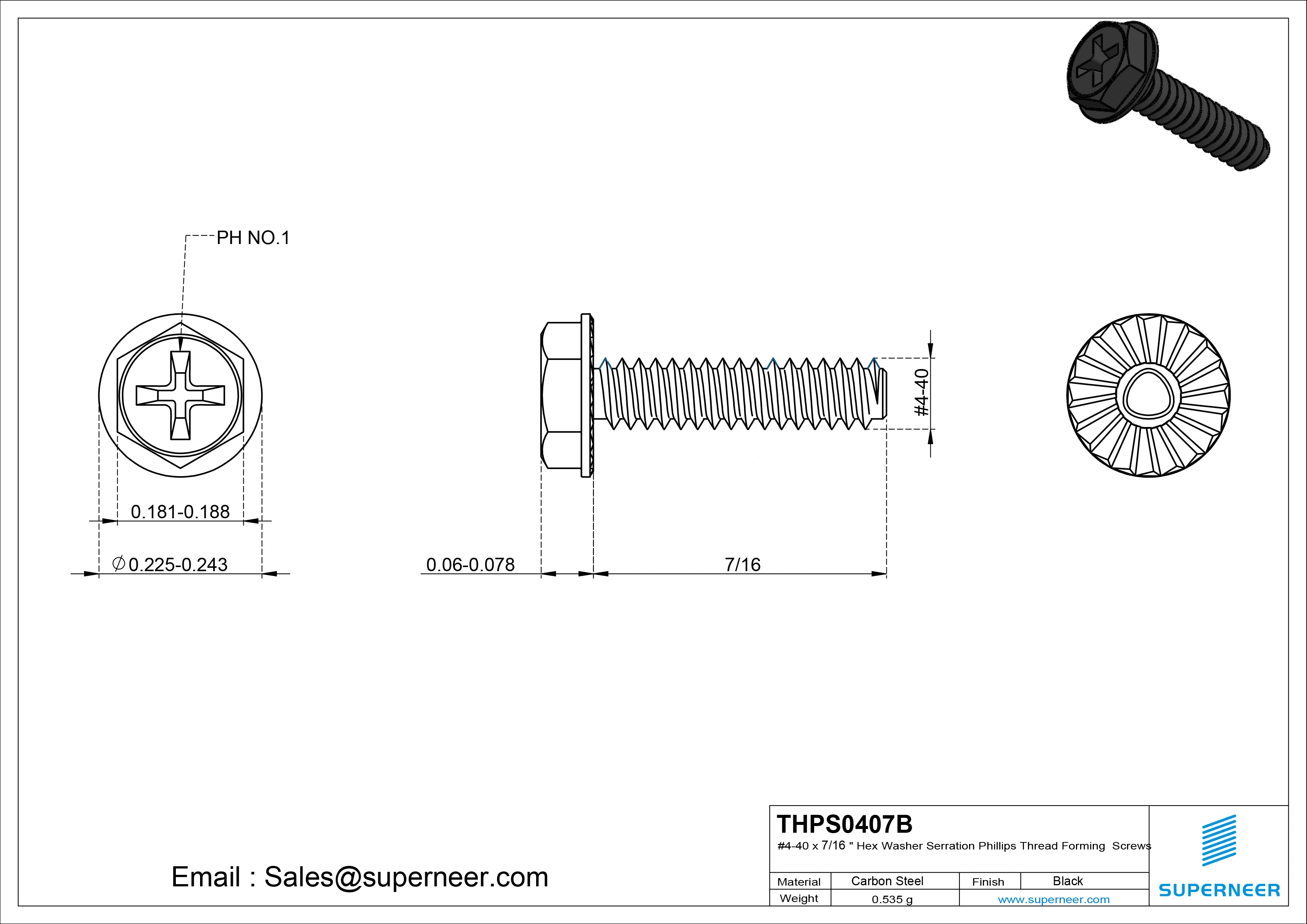 4-40 × 7/16 Hex Washer Serration Phillips Thread Forming  Screws for Metal  Steel Black