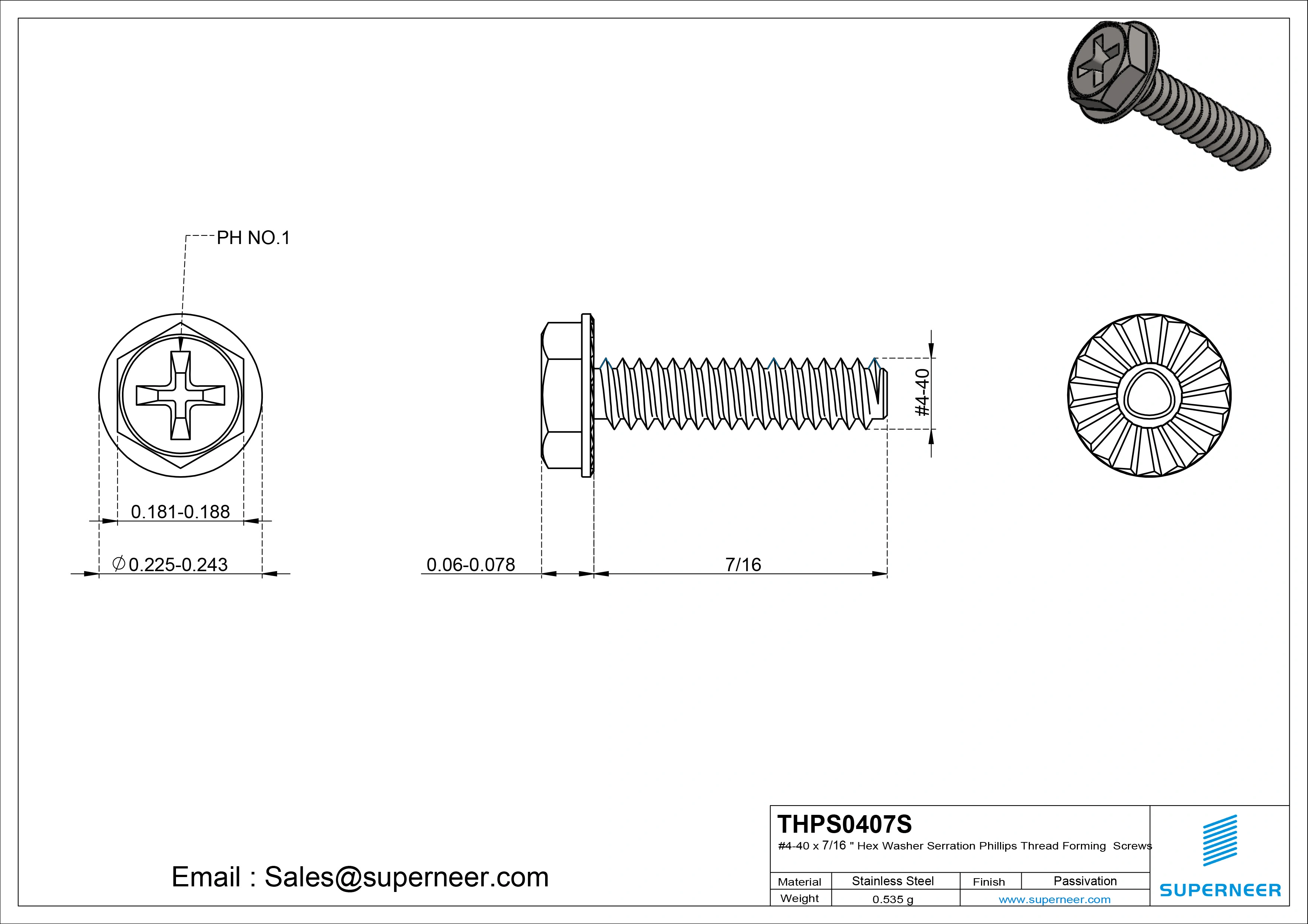 4-40 × 7/16 Hex Washer Serration Phillips Thread Forming  Screws for Metal  SUS304 Stainless Steel Inox