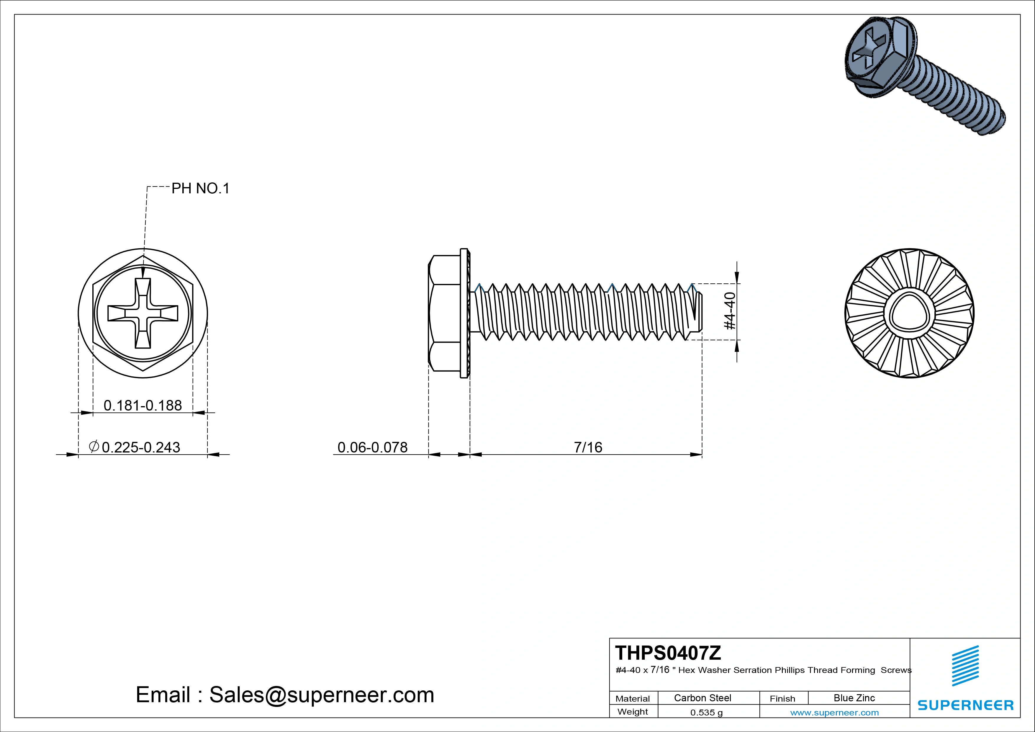 4-40 × 7/16 Hex Washer Serration Phillips Thread Forming  Screws for Metal  Steel Blue Zinc Plated