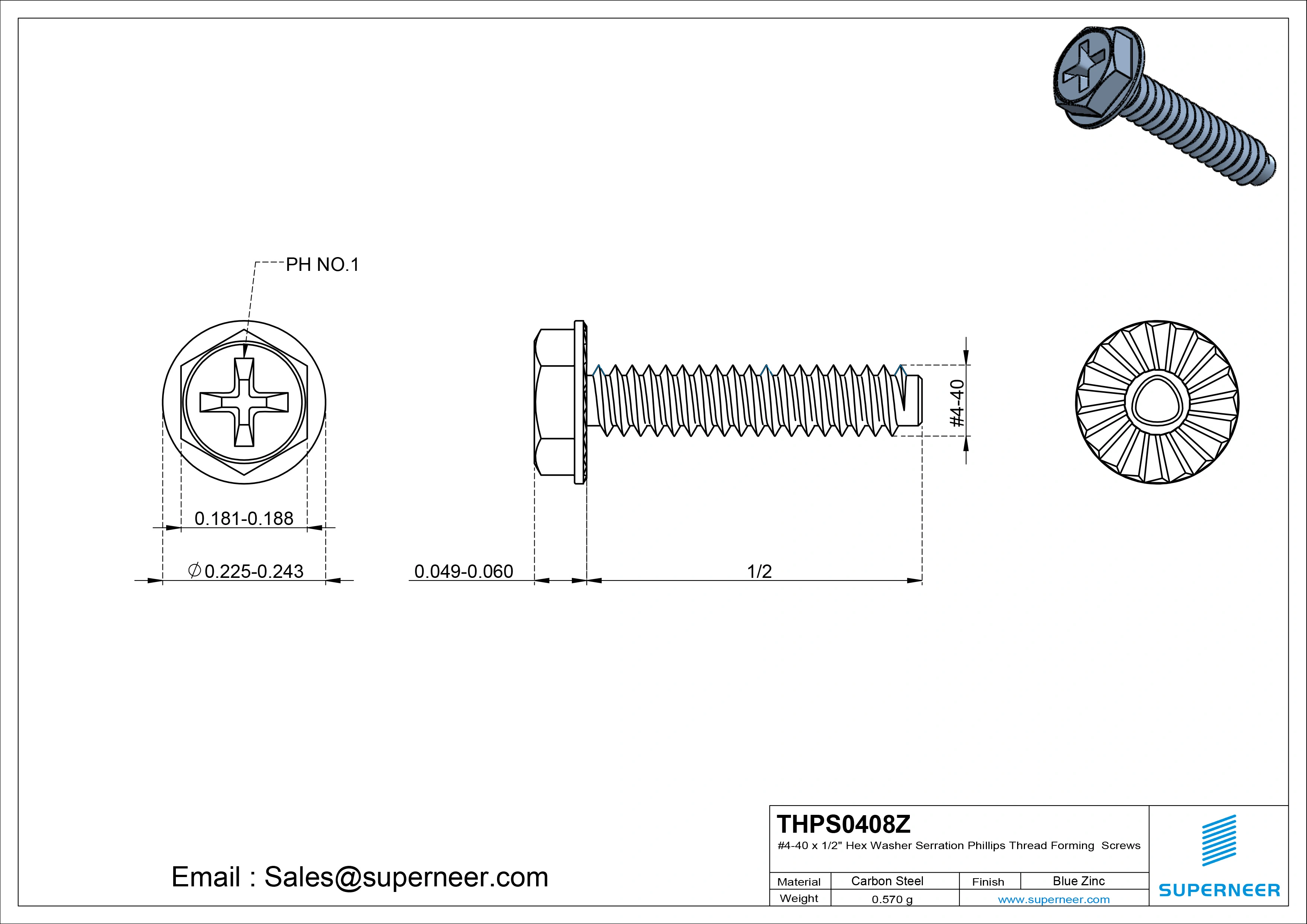 4-40 × 1/2 Hex Washer Serration Phillips Thread Forming  Screws for Metal  Steel Blue Zinc Plated