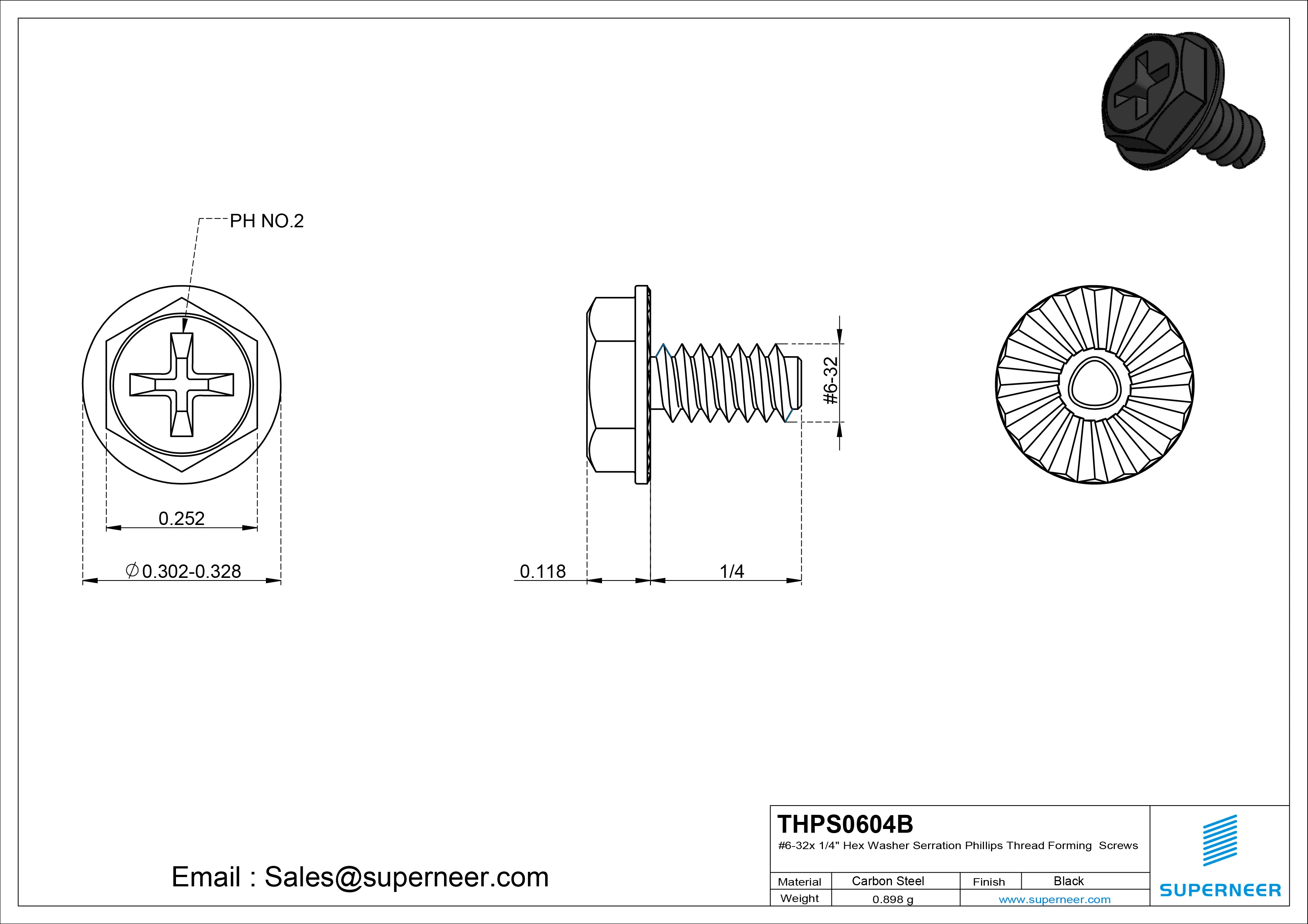 6-32 × 1/4 Hex Washer Serration Phillips Thread Forming  Screws for Metal  Steel Black