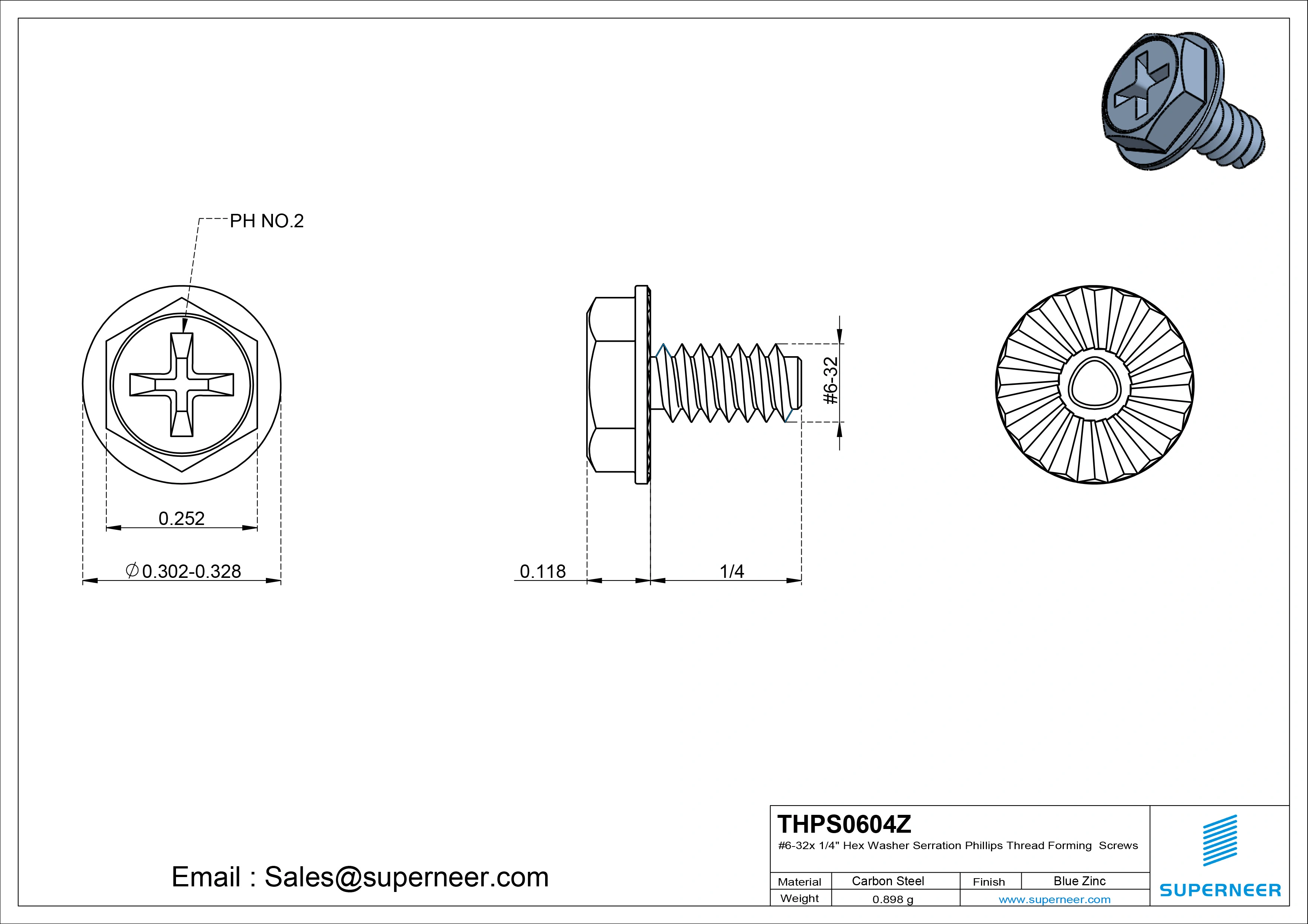 6-32 × 1/4 Hex Washer Serration Phillips Thread Forming  Screws for Metal  Steel Blue Zinc Plated