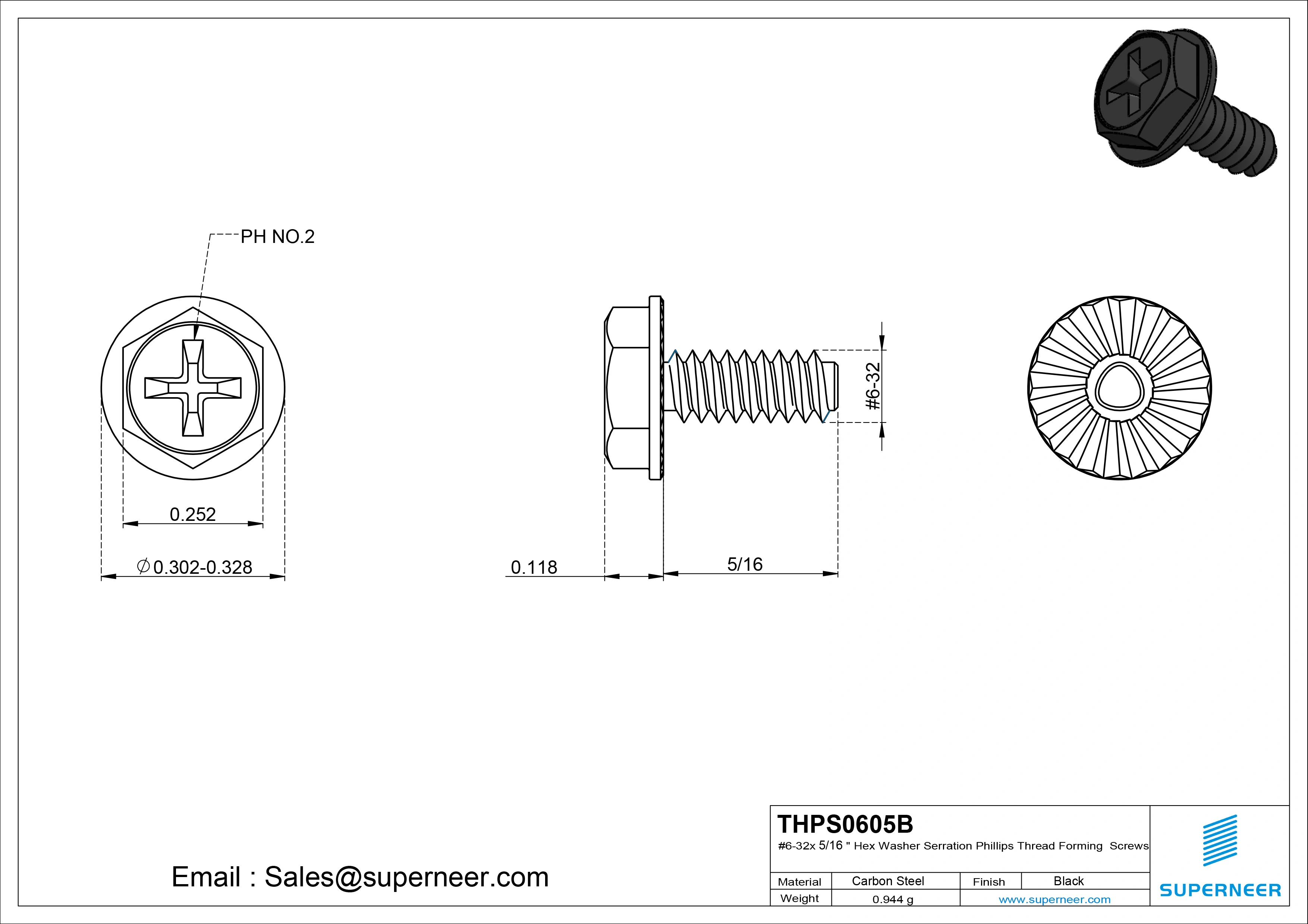 6-32 × 5/16 Hex Washer Serration Phillips Thread Forming  Screws for Metal  Steel Black