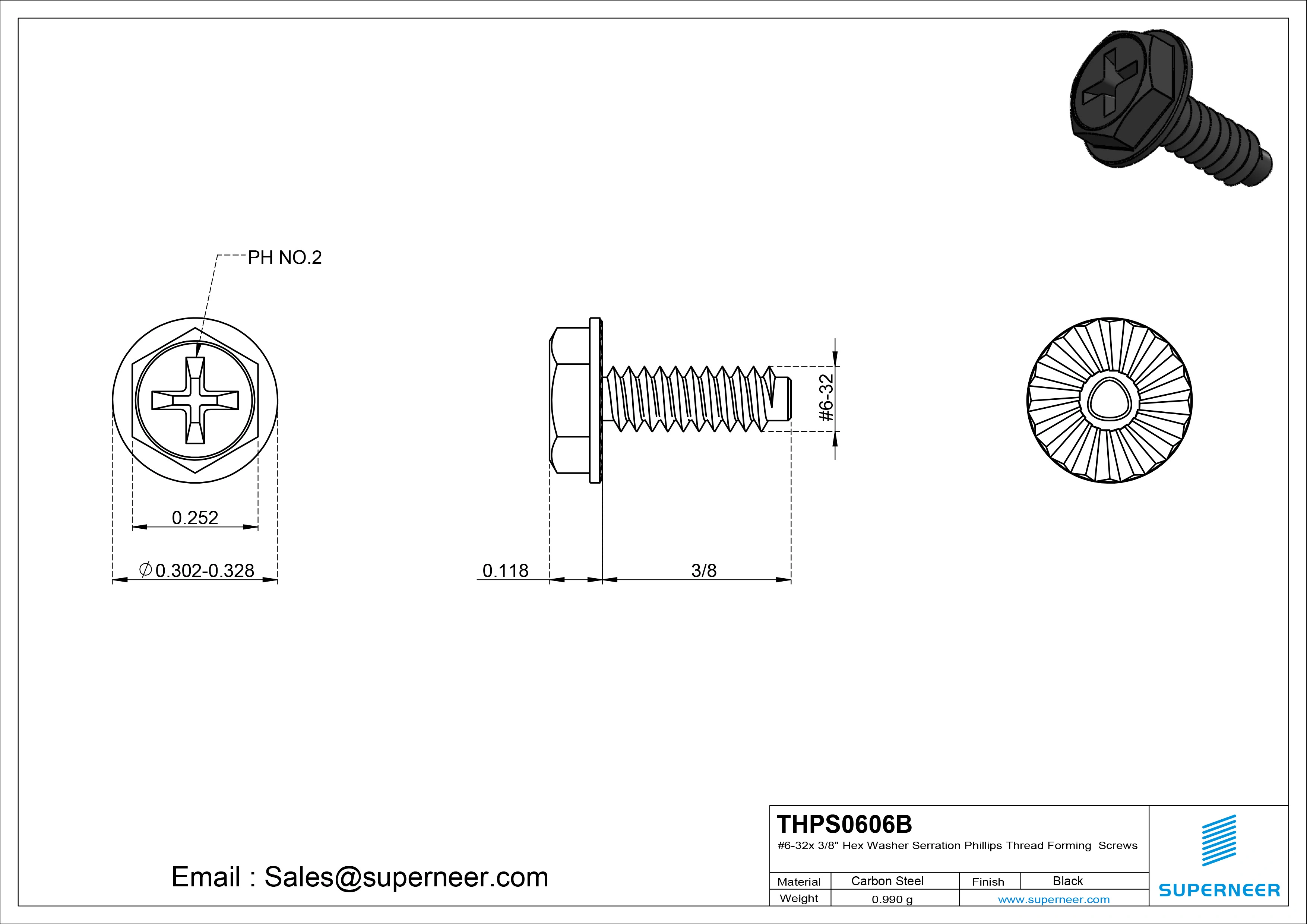 6-32 × 3/8 Hex Washer Serration Phillips Thread Forming  Screws for Metal  Steel Black