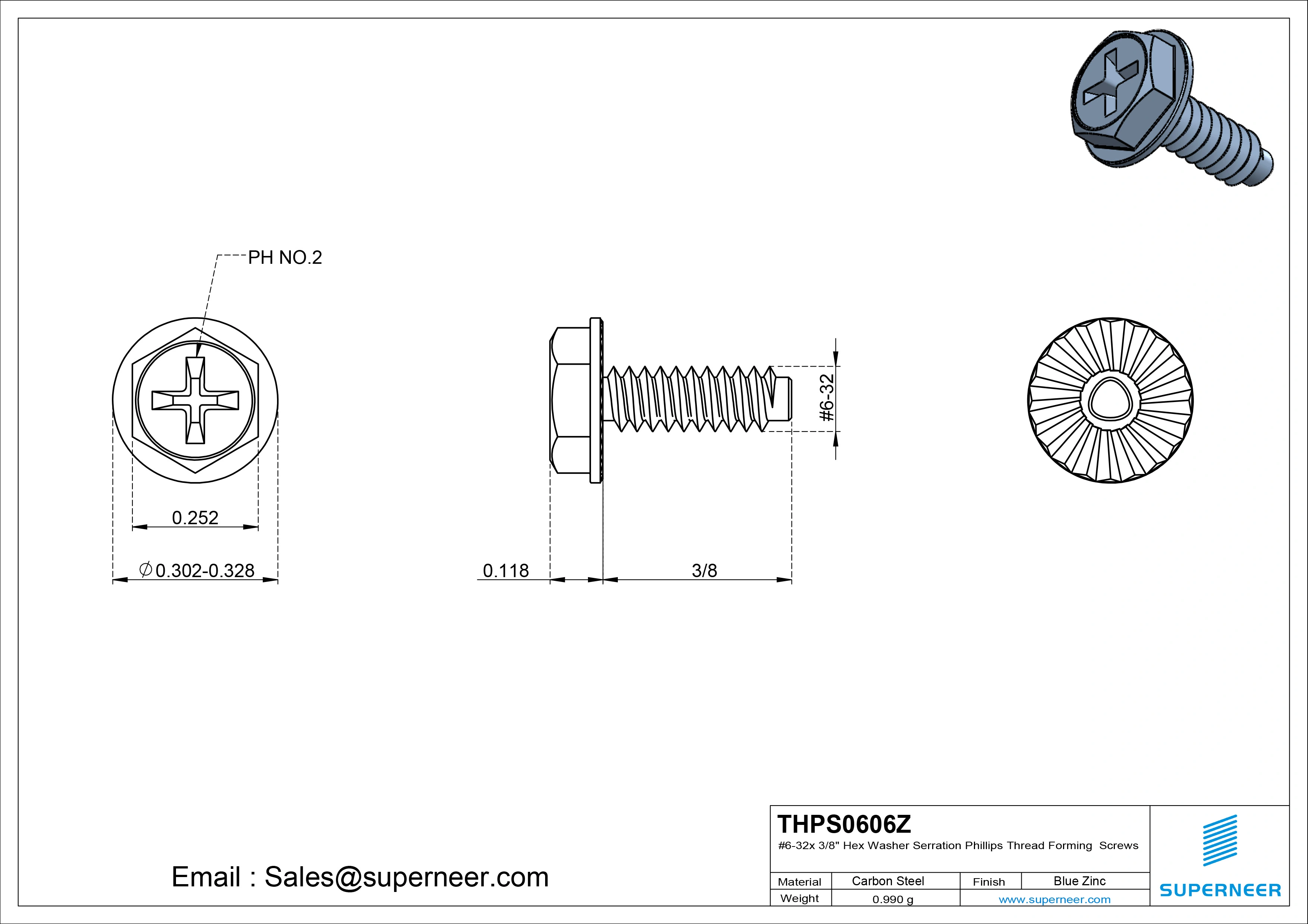 6-32 × 3/8 Hex Washer Serration Phillips Thread Forming  Screws for Metal  Steel Blue Zinc Plated