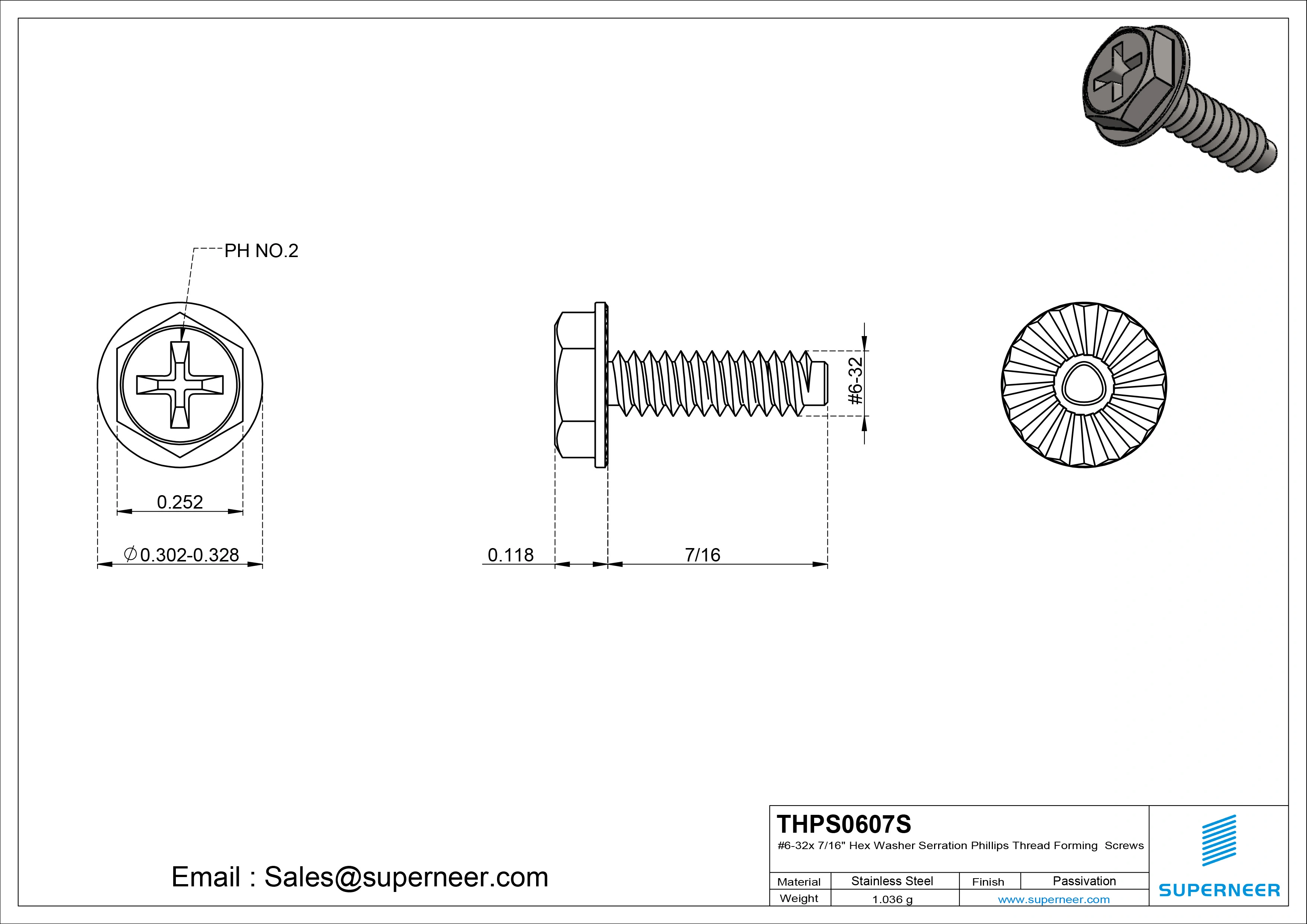 6-32 × 7/16 Hex Washer Serration Phillips Thread Forming  Screws for Metal  SUS304 Stainless Steel Inox