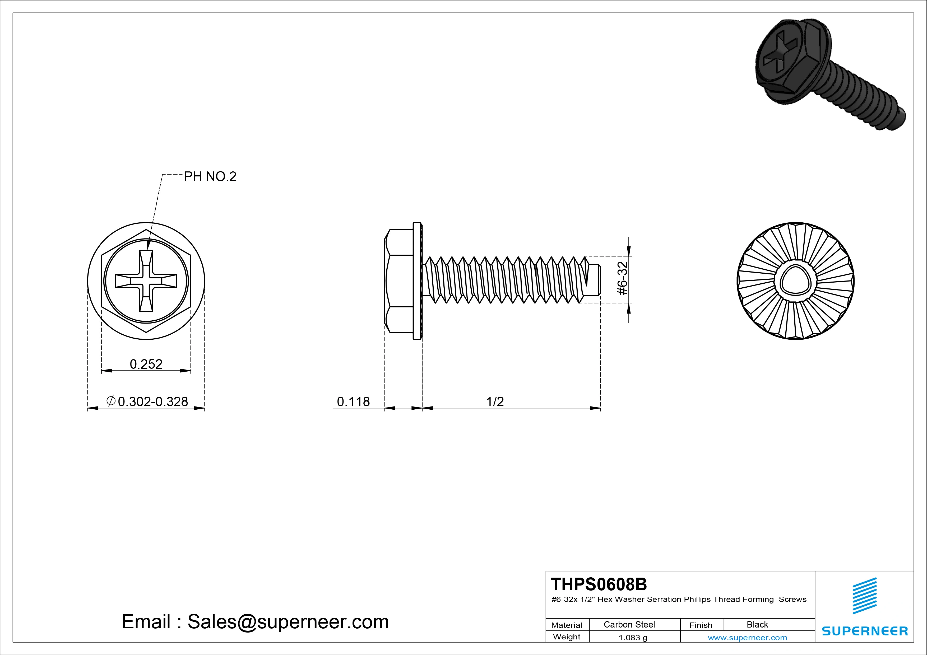 6-32 × 1/2 Hex Washer Serration Phillips Thread Forming  Screws for Metal  Steel Black