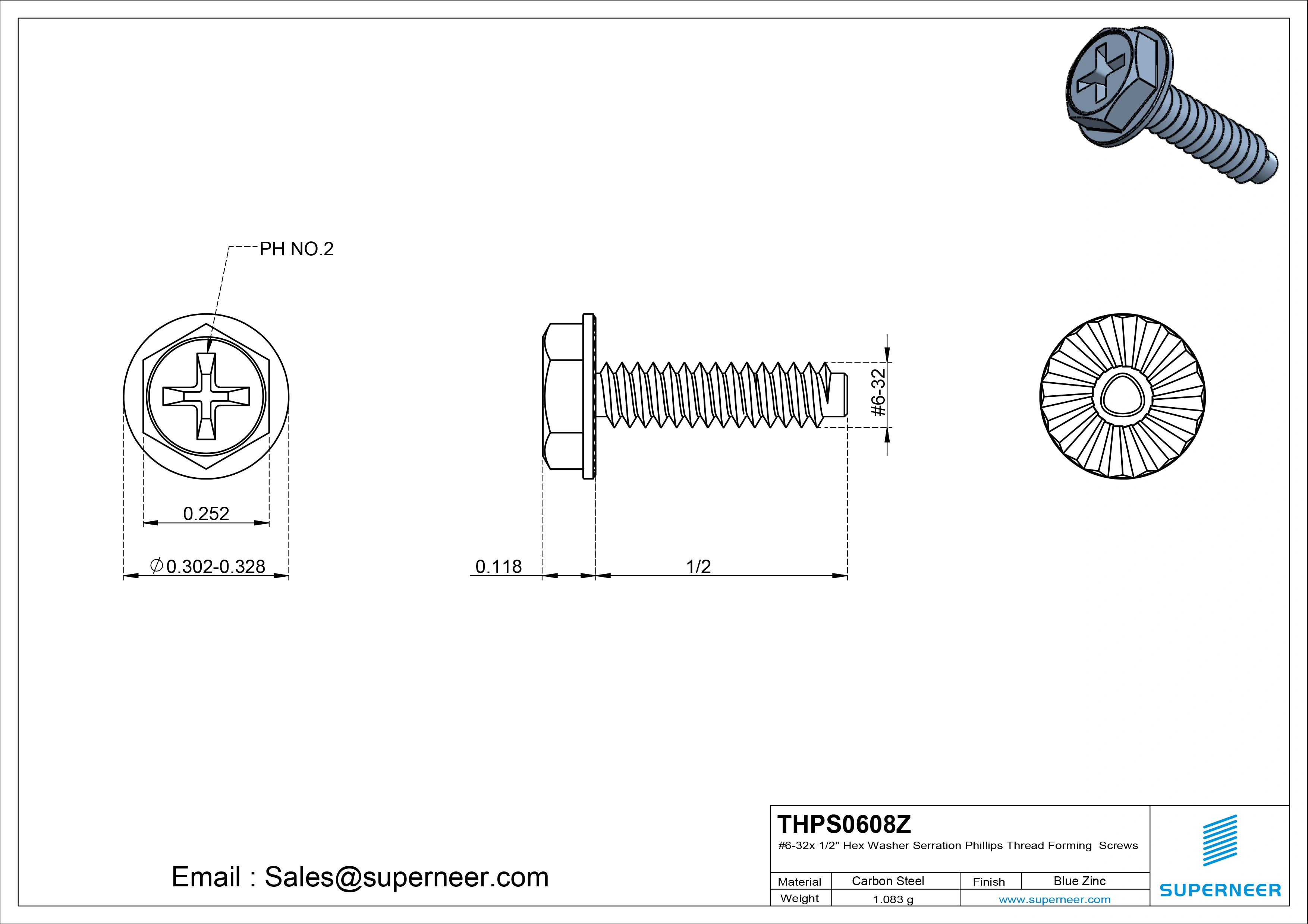 6-32 × 1/2 Hex Washer Serration Phillips Thread Forming  Screws for Metal  Steel Blue Zinc Plated