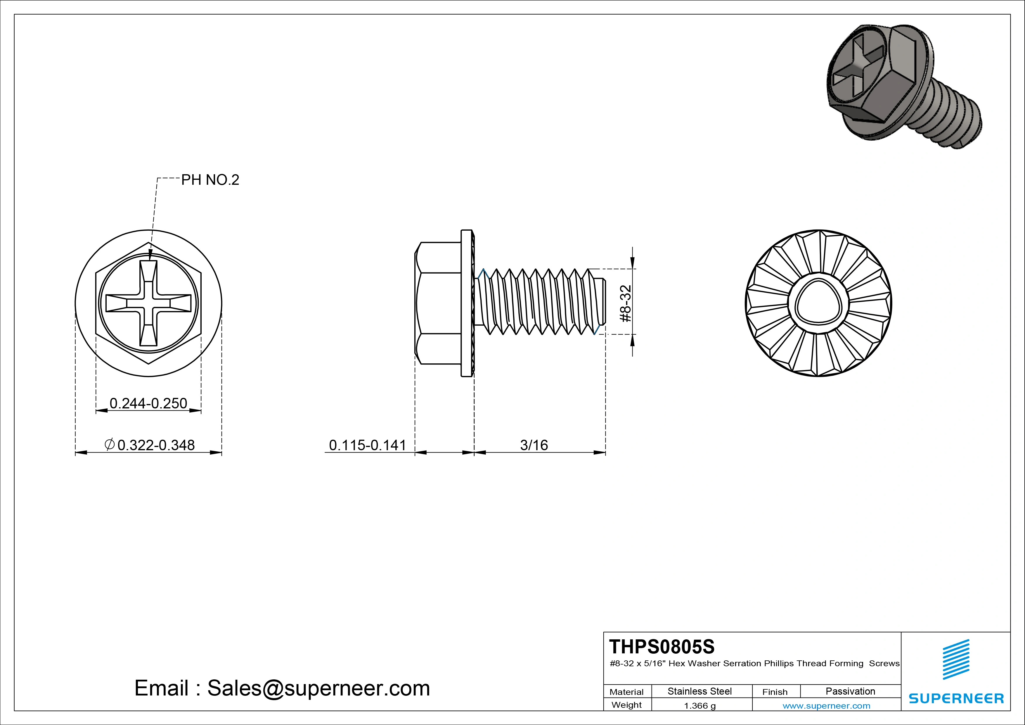 8-32 × 5/16 Hex Washer Serration Phillips Thread Forming  Screws for Metal  SUS304 Stainless Steel Inox