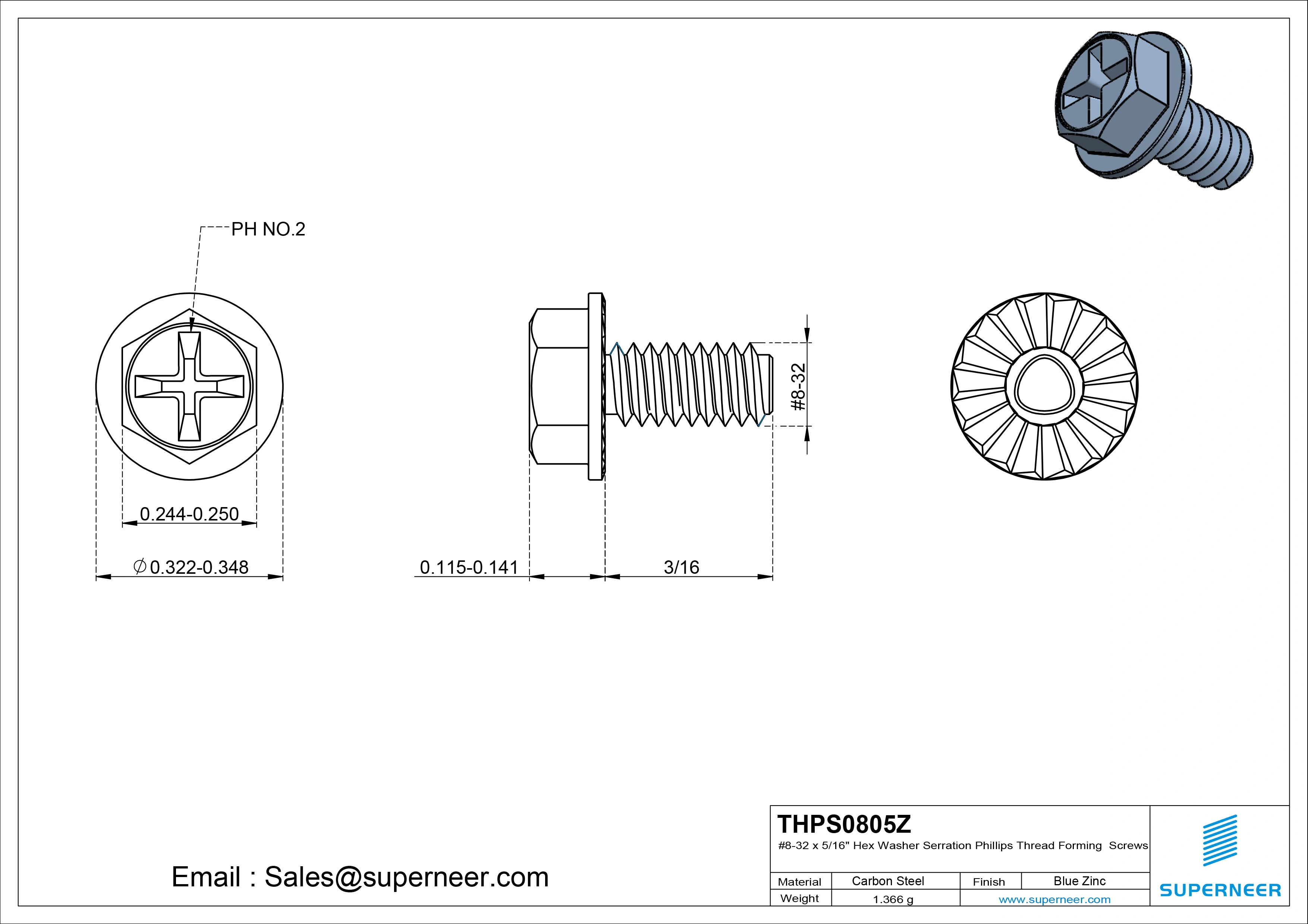 8-32 × 5/16 Hex Washer Serration Phillips Thread Forming  Screws for Metal  Steel Blue Zinc Plated