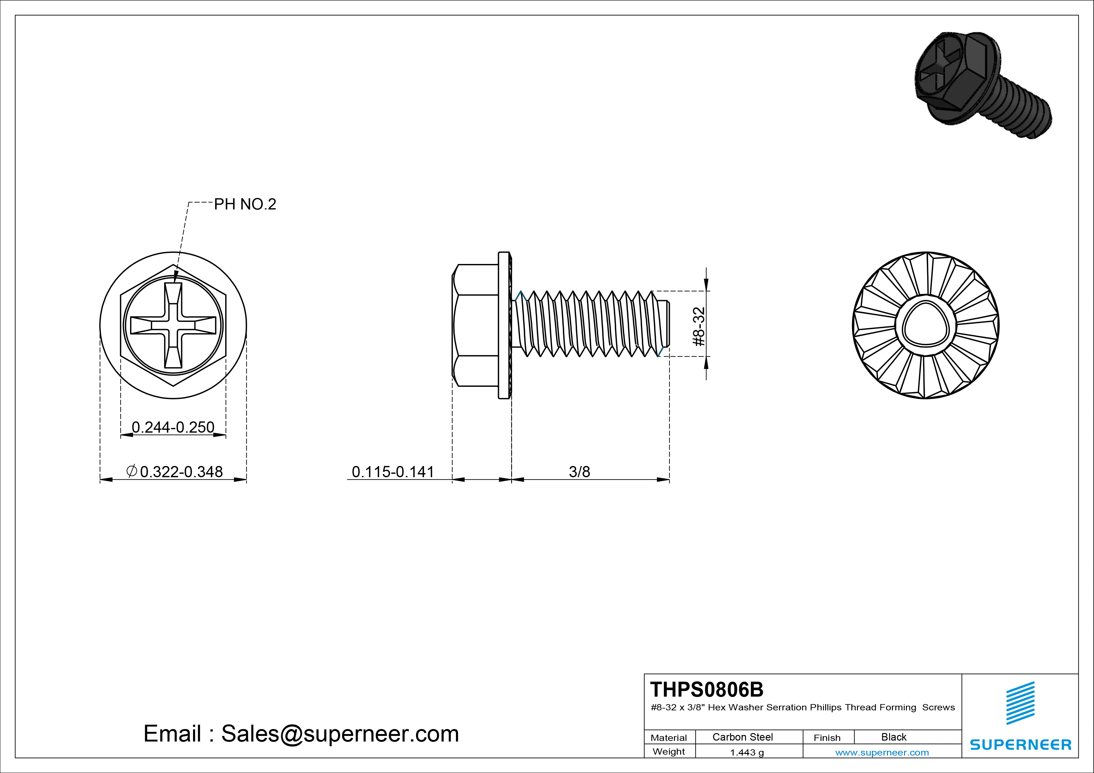 8-32 × 3/8 Hex Washer Serration Phillips Thread Forming  Screws for Metal  Steel Black