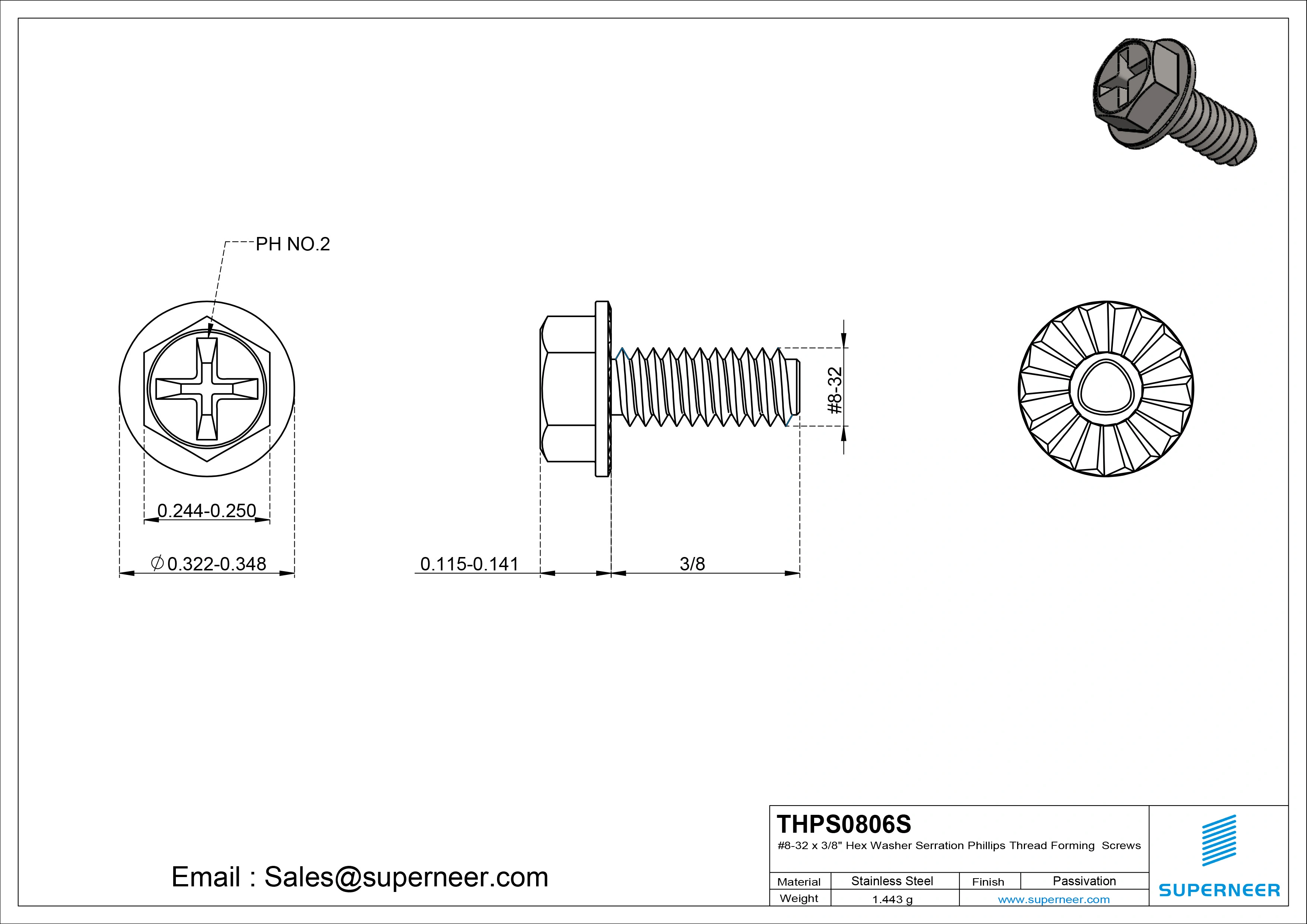 8-32 × 3/8 Hex Washer Serration Phillips Thread Forming  Screws for Metal  SUS304 Stainless Steel Inox