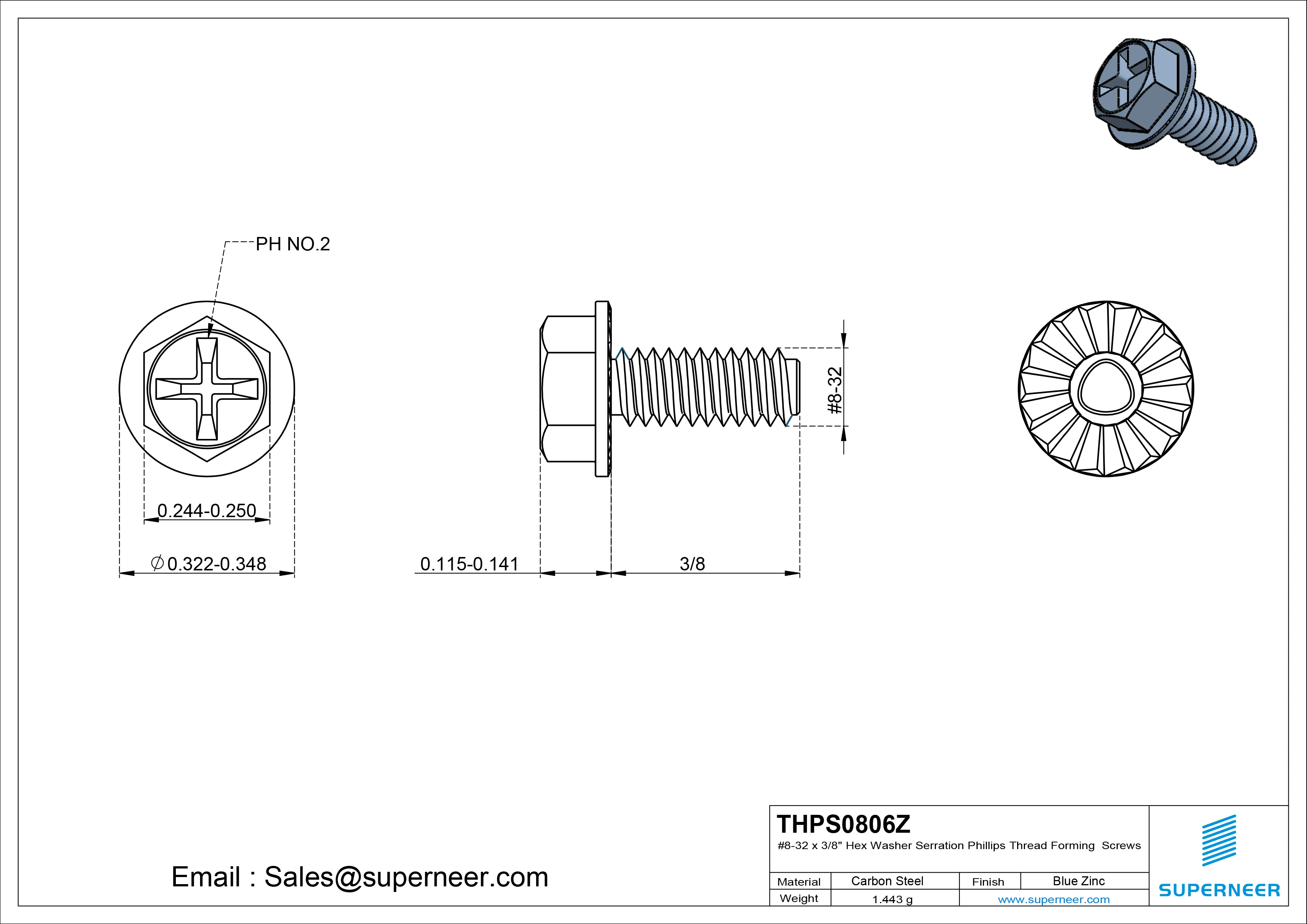 8-32 × 3/8 Hex Washer Serration Phillips Thread Forming  Screws for Metal  Steel Blue Zinc Plated