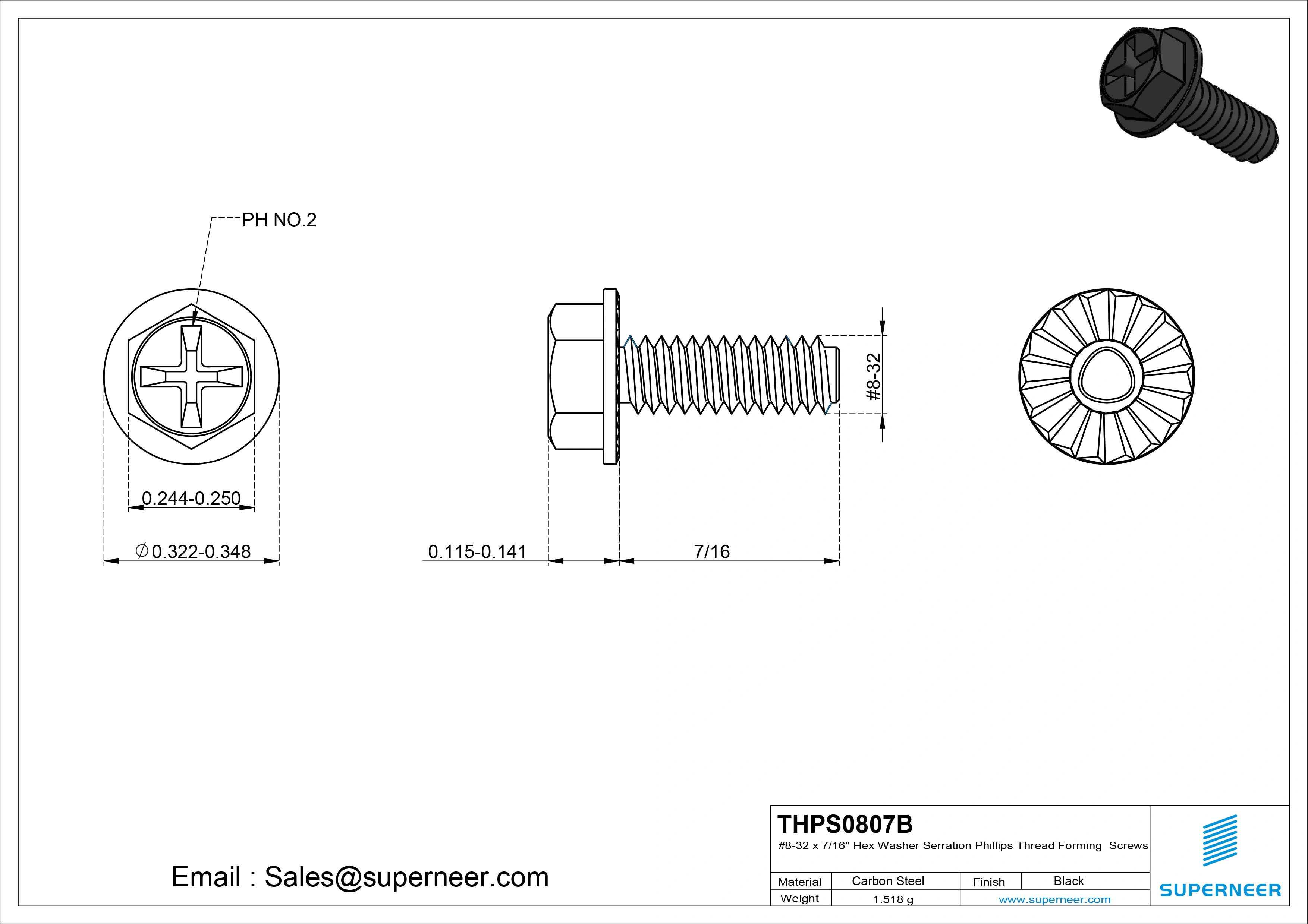 8-32 × 7/16 Hex Washer Serration Phillips Thread Forming  Screws for Metal  Steel Black