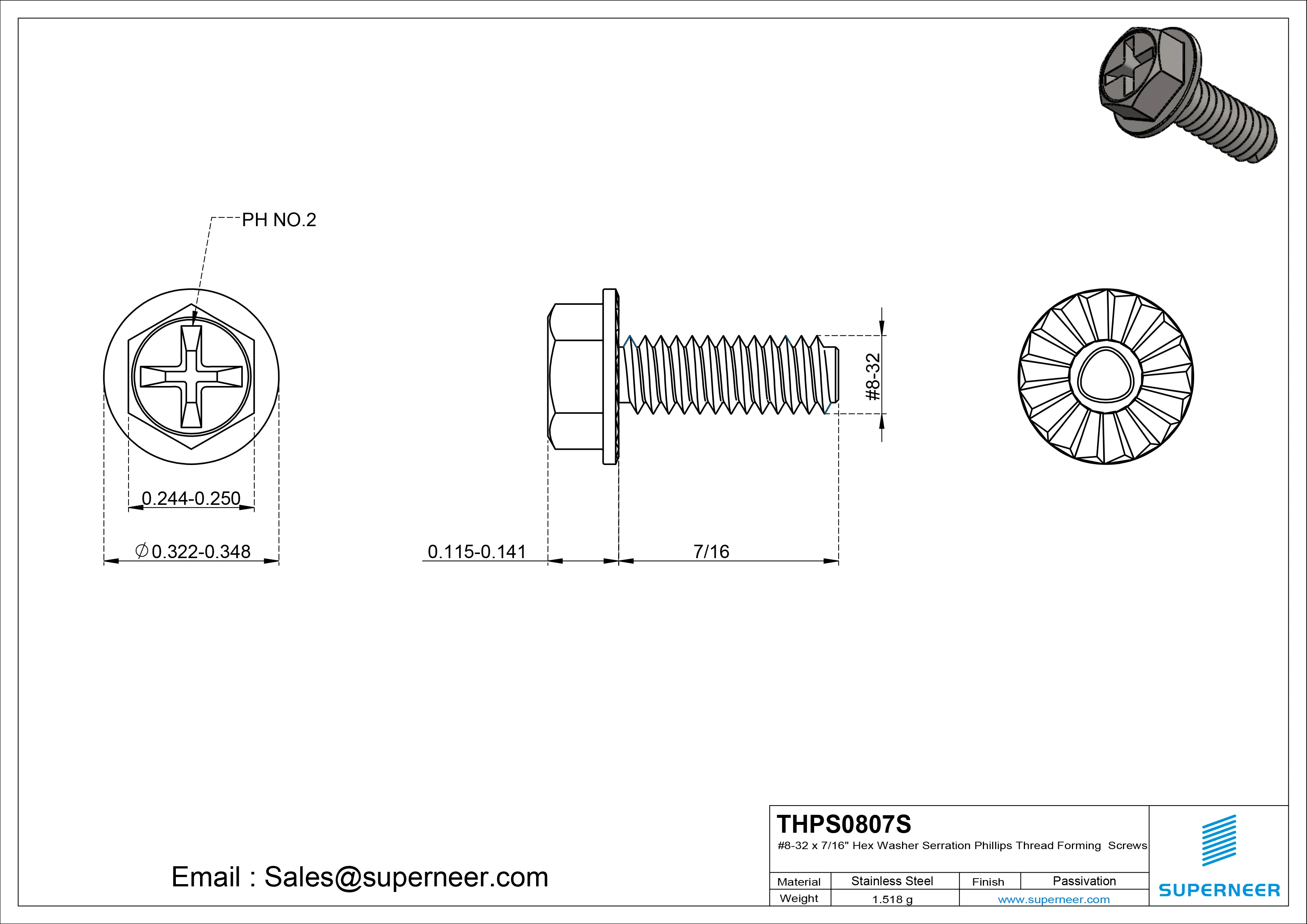 8-32 × 7/16 Hex Washer Serration Phillips Thread Forming  Screws for Metal  SUS304 Stainless Steel Inox