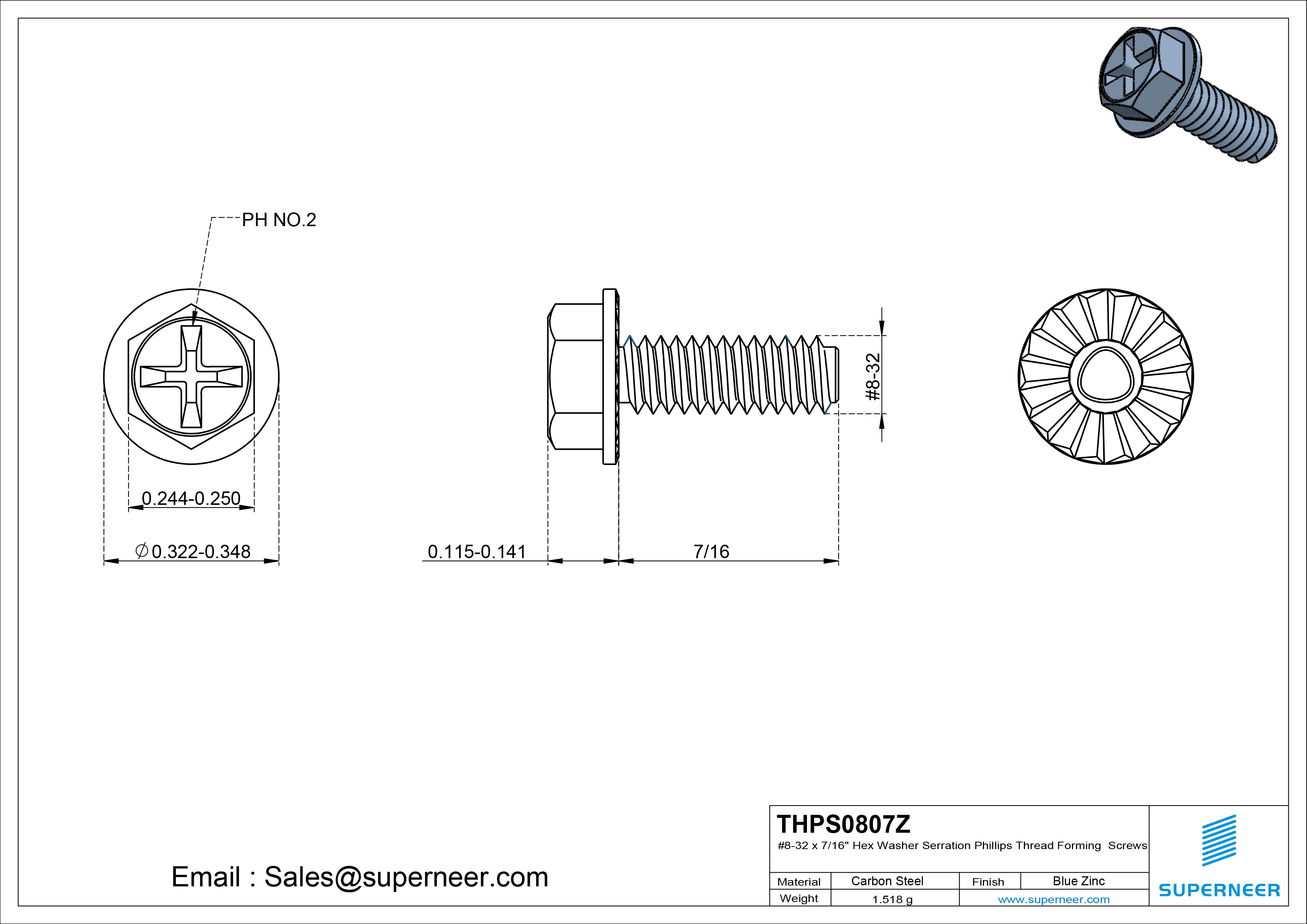 8-32 × 7/16 Hex Washer Serration Phillips Thread Forming  Screws for Metal  Steel Blue Zinc Plated