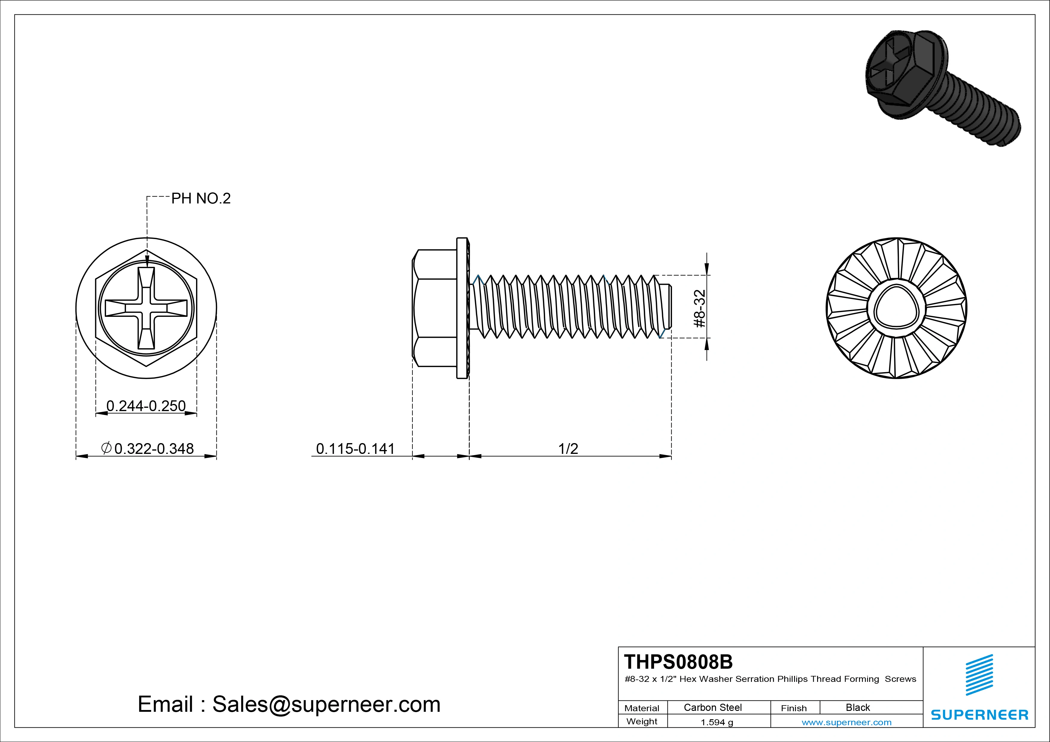 8-32 × 1/2 Hex Washer Serration Phillips Thread Forming  Screws for Metal  Steel Black