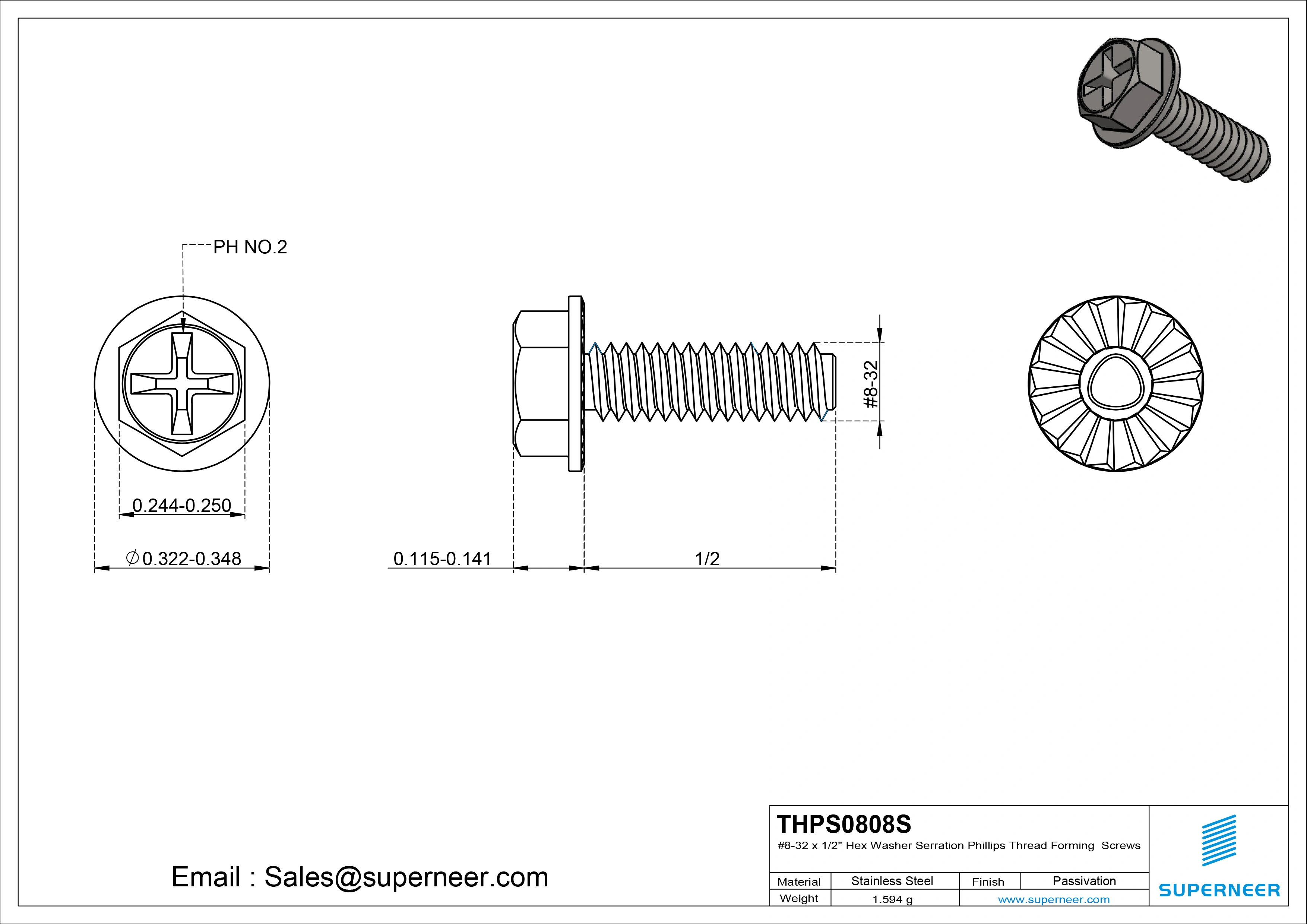 8-32 × 1/2 Hex Washer Serration Phillips Thread Forming  Screws for Metal  SUS304 Stainless Steel Inox