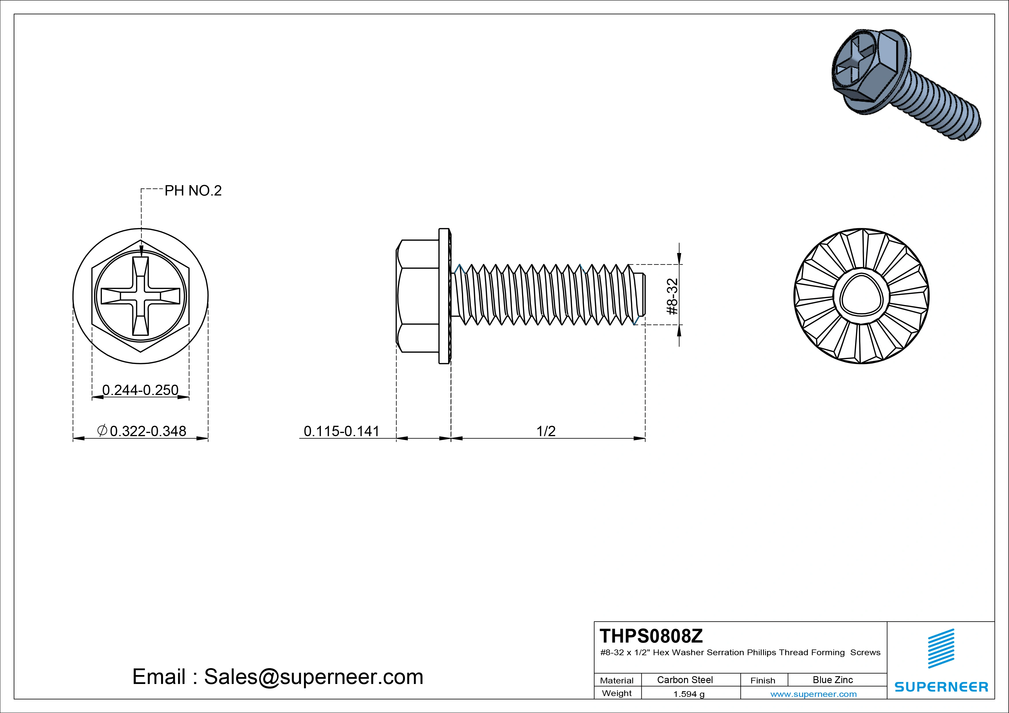 8-32 × 1/2 Hex Washer Serration Phillips Thread Forming  Screws for Metal  Steel Blue Zinc Plated