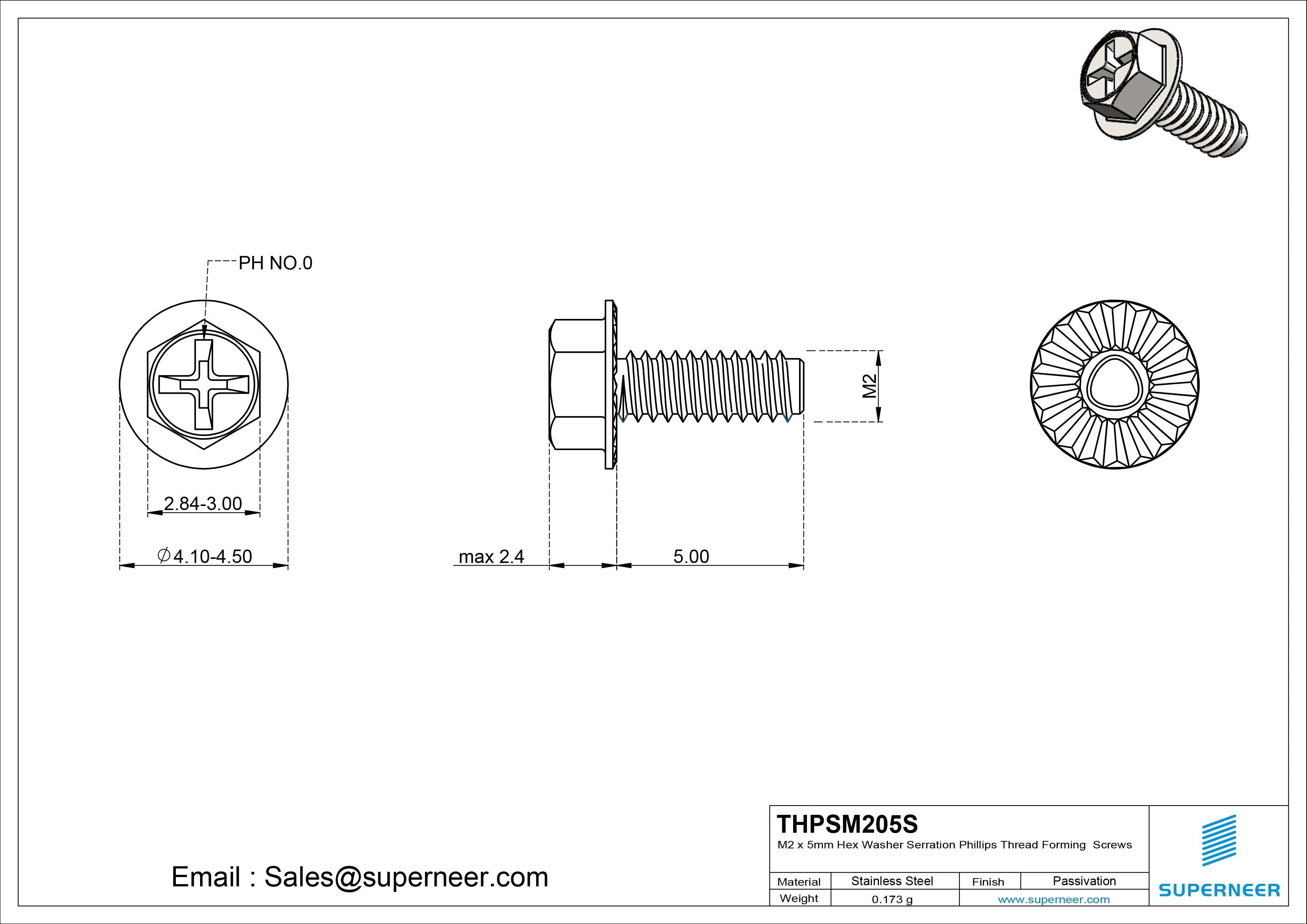 M2 × 5mm Indented Hex Washer Serrattion Phillips Thread Forming Screws for Metal SUS304 Stainless Steel Inox