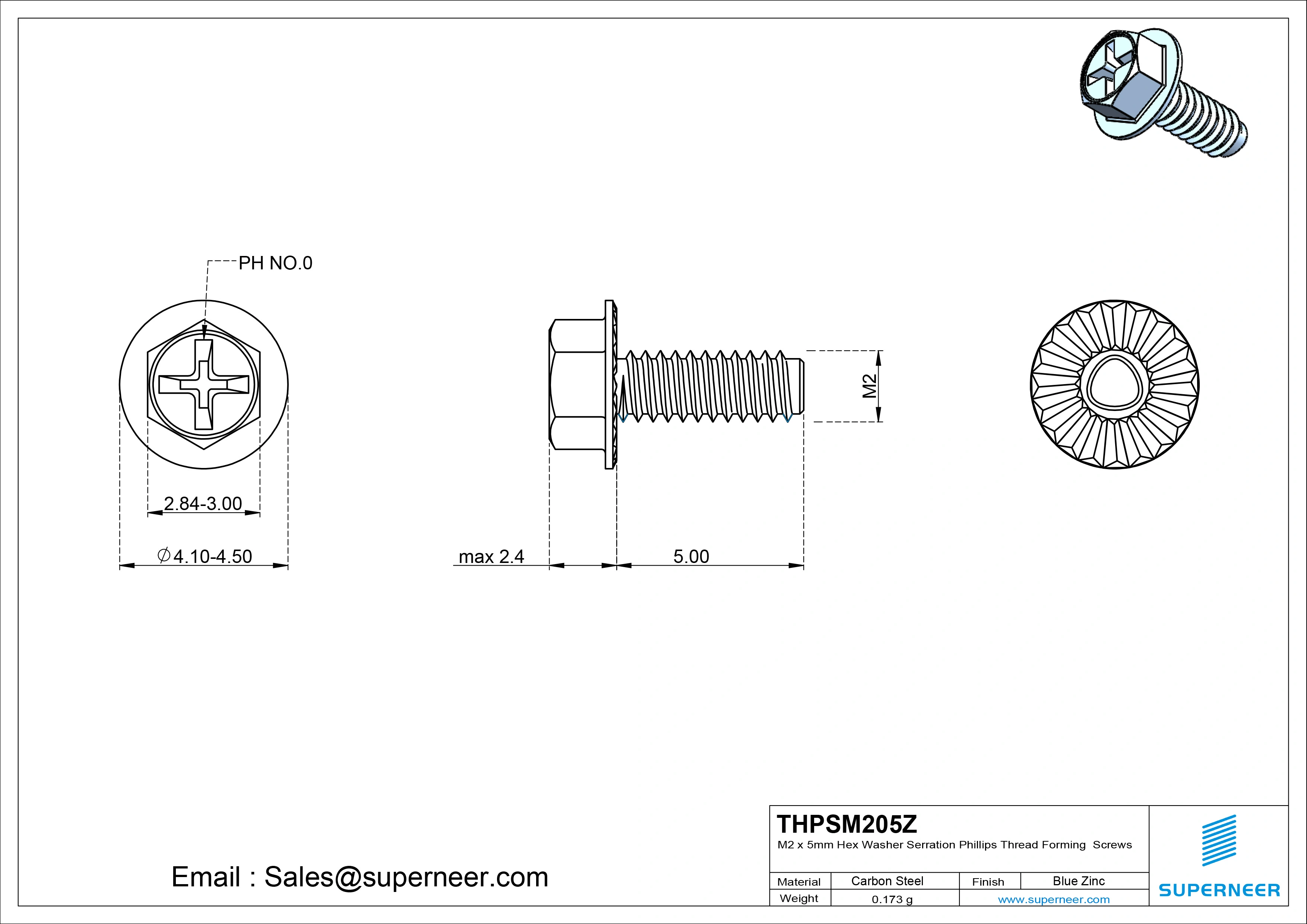 M2 × 5mm Indented Hex Washer Serrattion Phillips Thread Forming Screws for Metal Steel Blue Zinc Plated