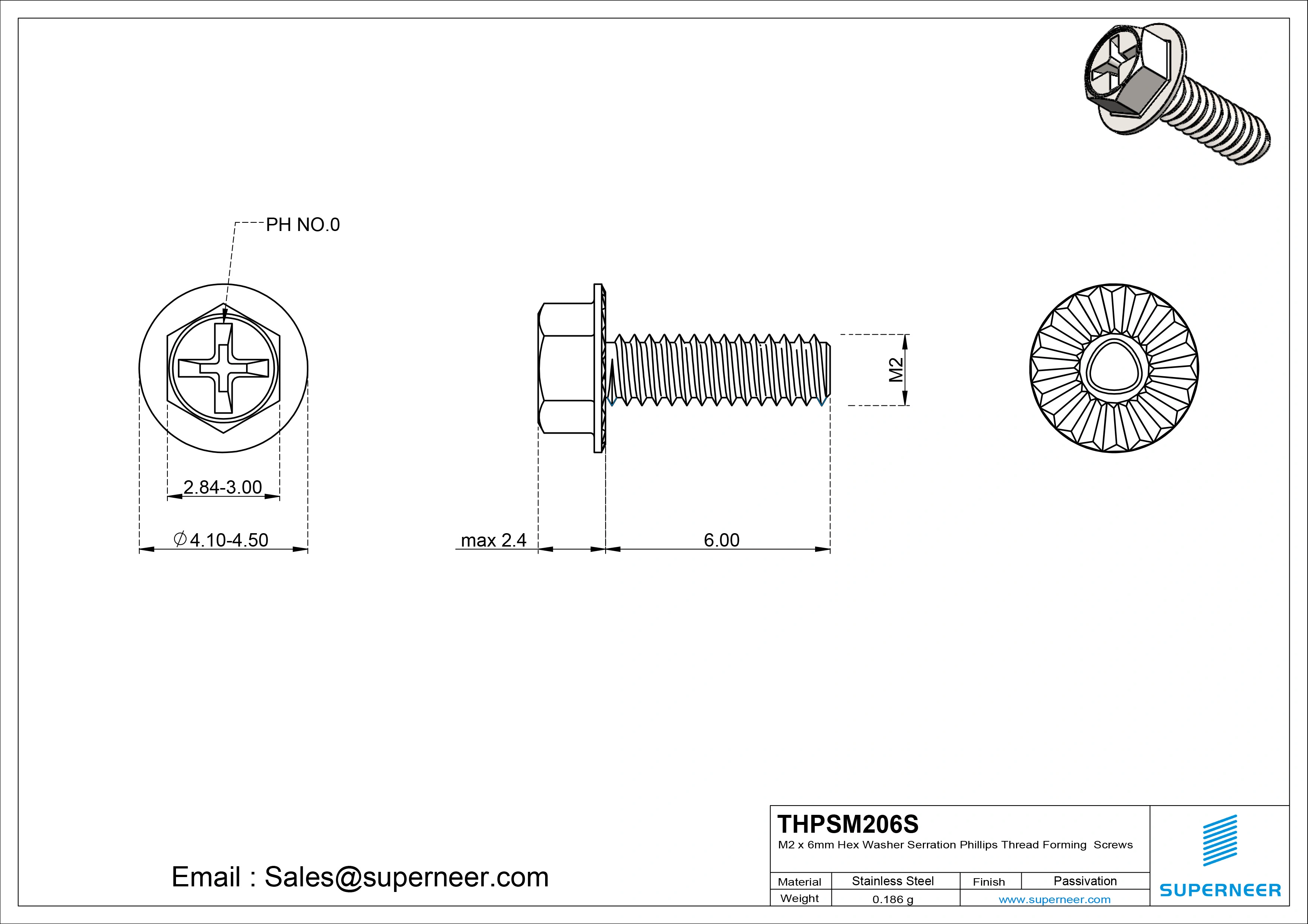 M2 × 6mm Indented Hex Washer Serrattion Phillips Thread Forming Screws for Metal SUS304 Stainless Steel Inox