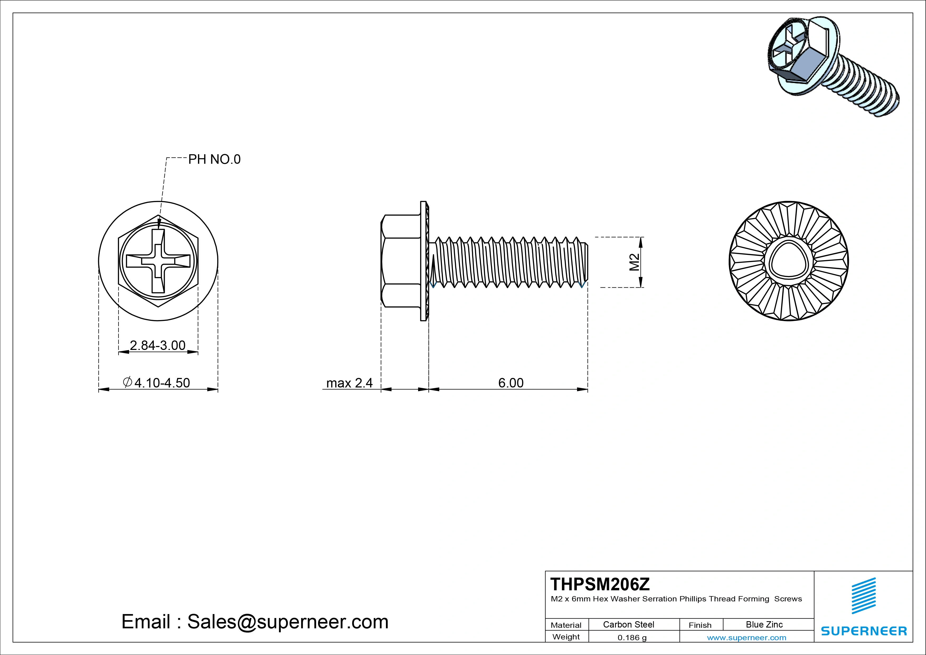 M2 × 6mm Indented Hex Washer Serrattion Phillips Thread Forming Screws for Metal Steel Blue Zinc Plated