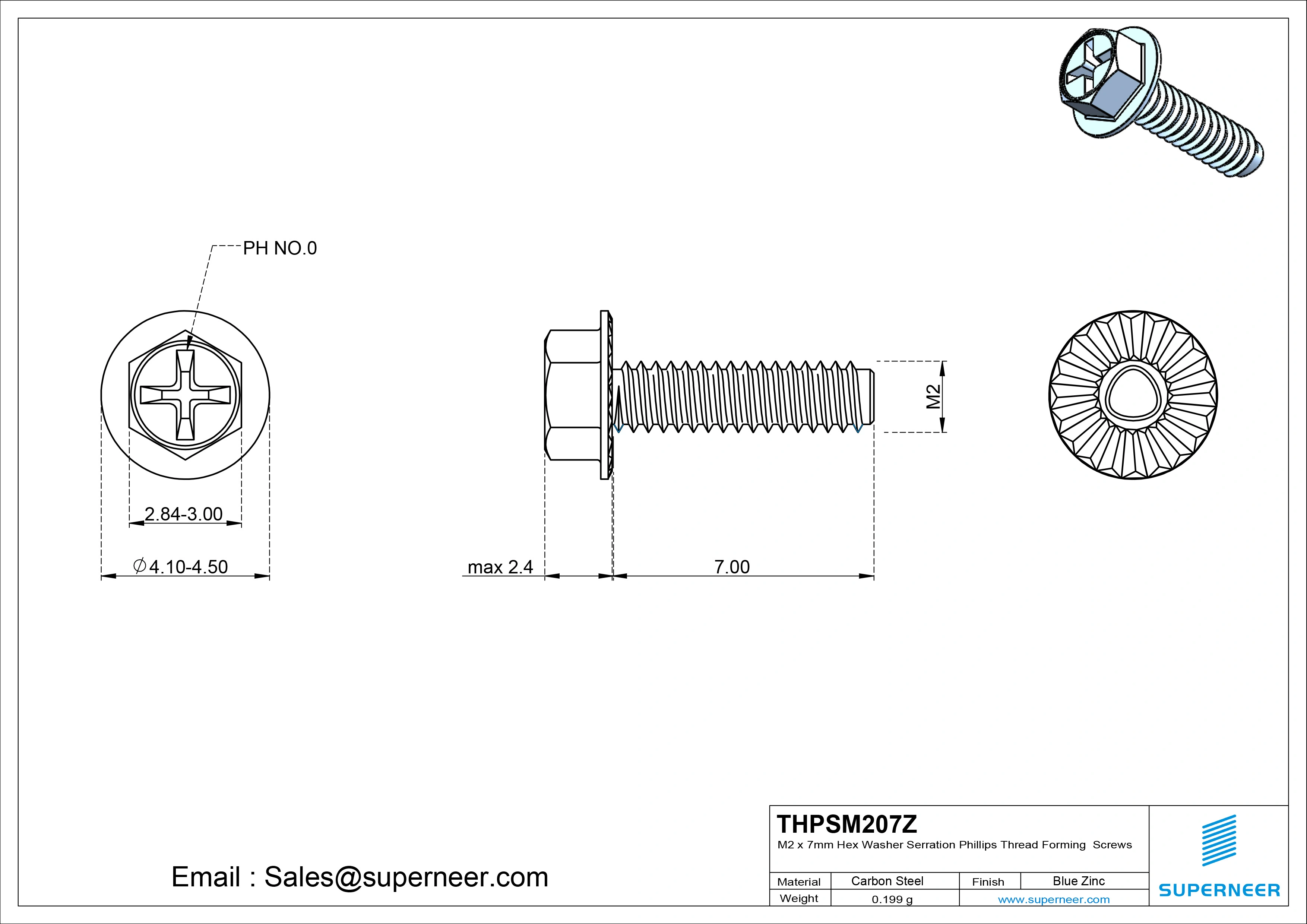 M2 × 7mm Indented Hex Washer Serrattion Phillips Thread Forming Screws for Metal Steel Blue Zinc Plated