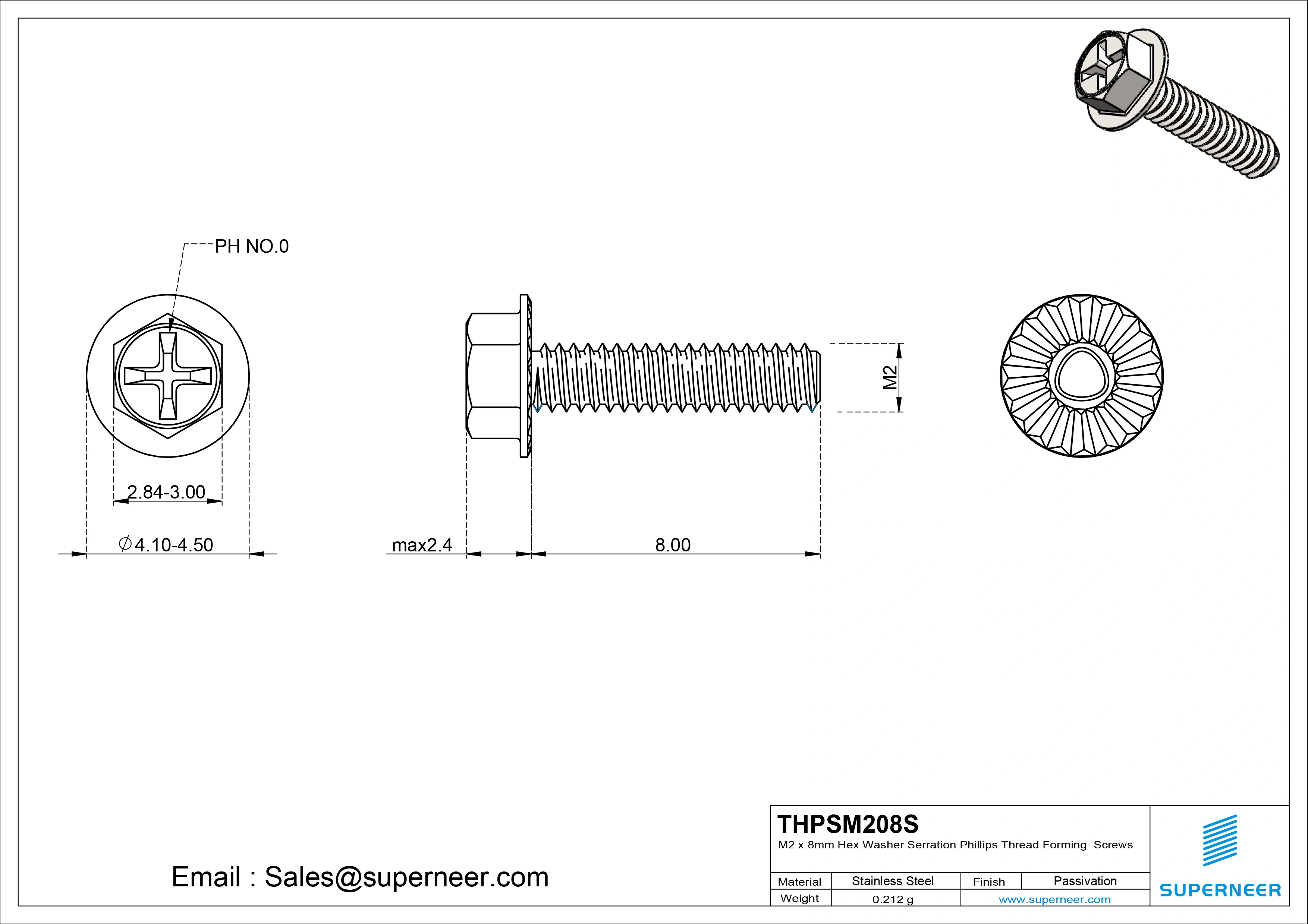 M2 × 8mm Indented Hex Washer Serrattion Phillips Thread Forming Screws for Metal SUS304 Stainless Steel Inox