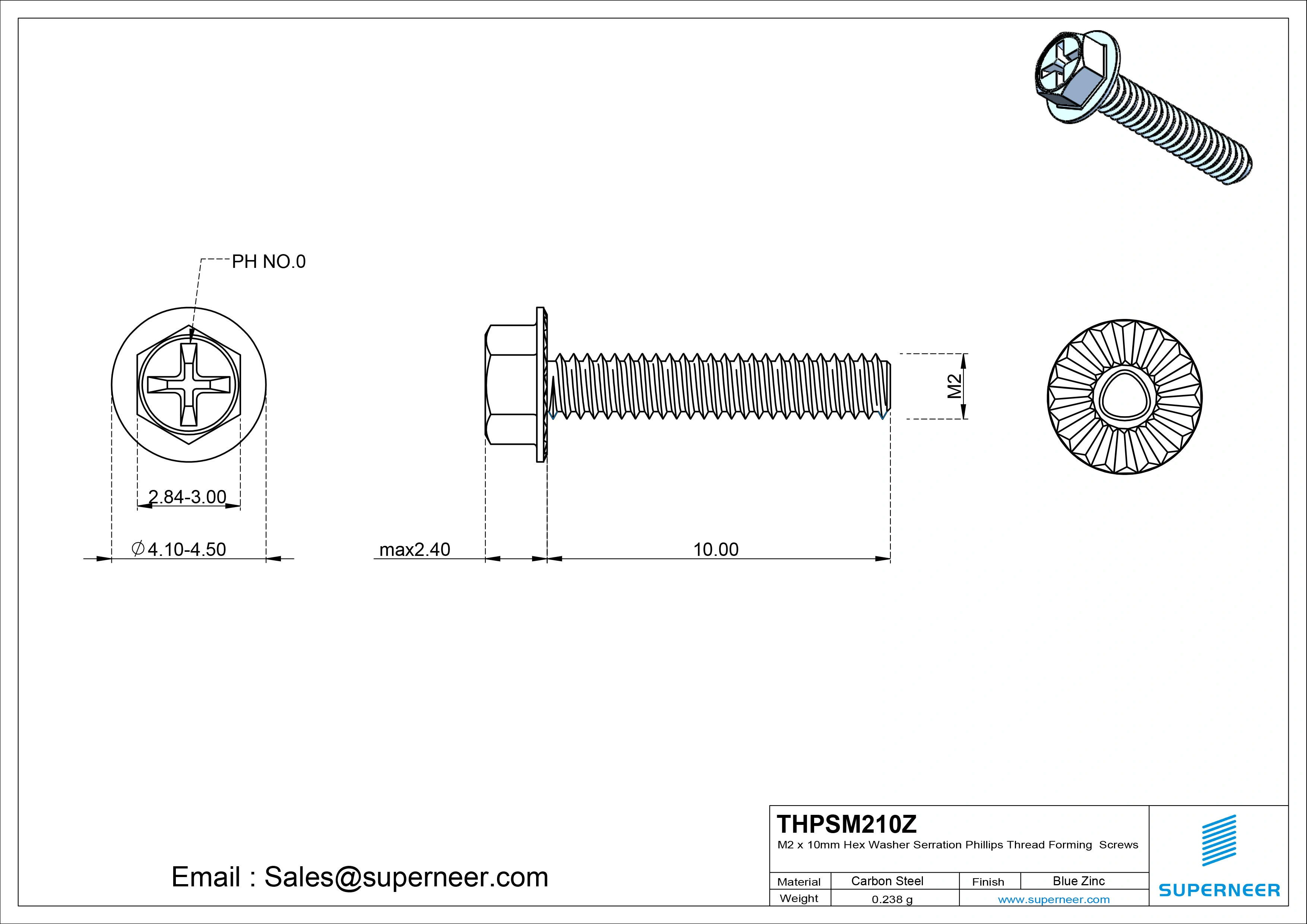 M2 × 10mm Indented Hex Washer Serrattion Phillips Thread Forming Screws for Metal Steel Blue Zinc Plated