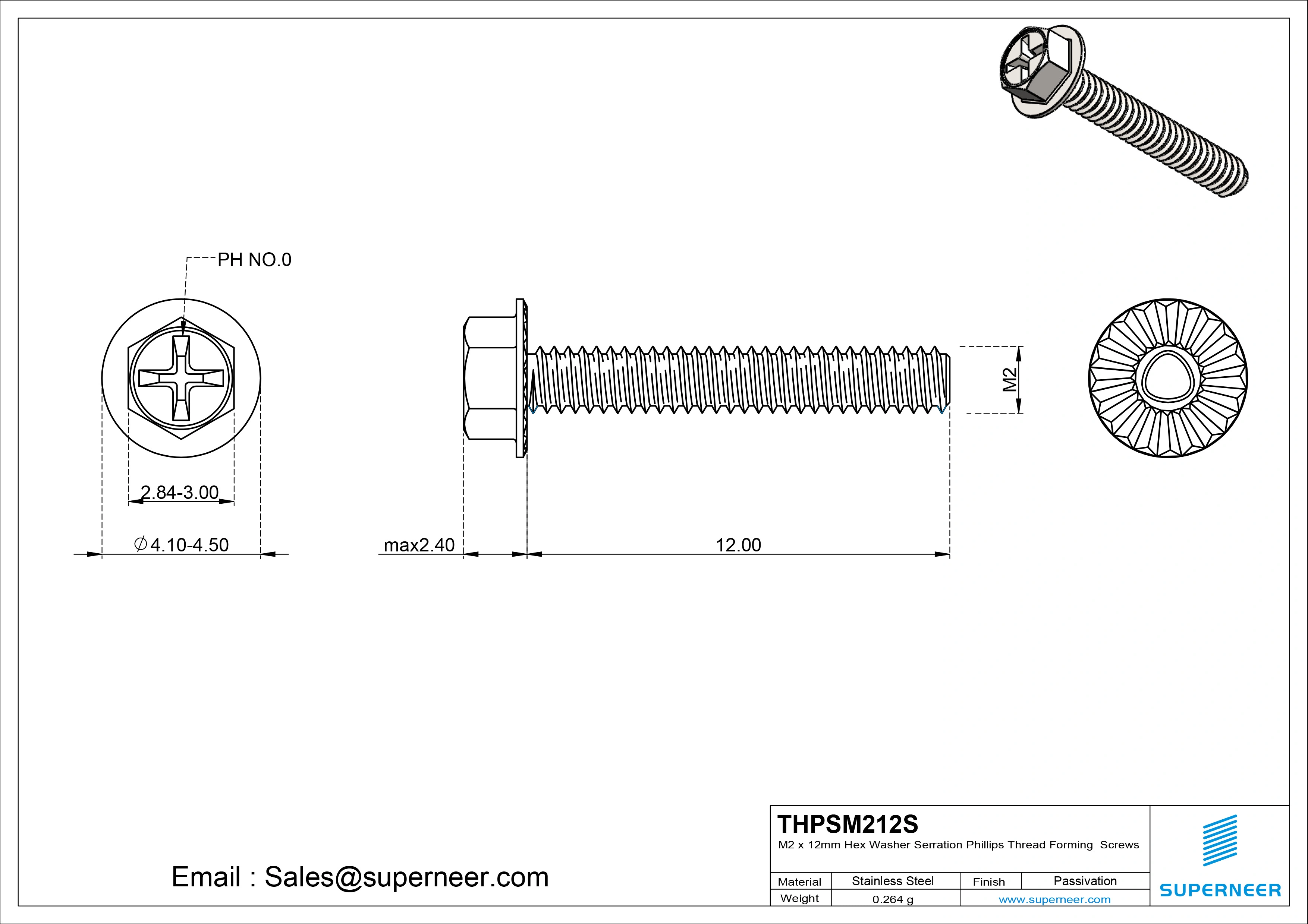 M2 × 12mm Indented Hex Washer Serrattion Phillips Thread Forming Screws for Metal SUS304 Stainless Steel Inox