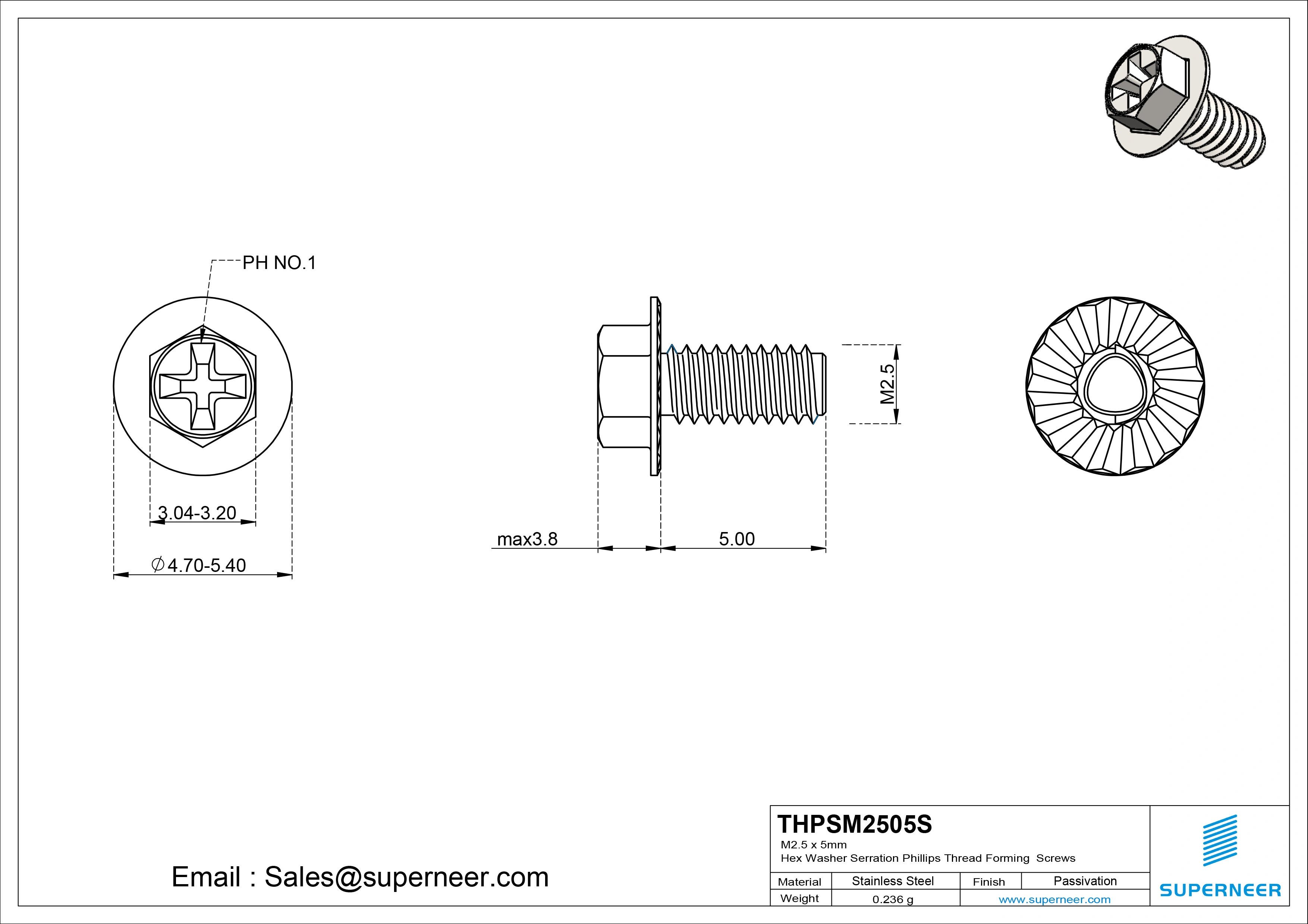 M2.5 × 5mm Indented Hex Washer Serrattion Phillips Thread Forming Screws for Metal SUS304 Stainless Steel Inox