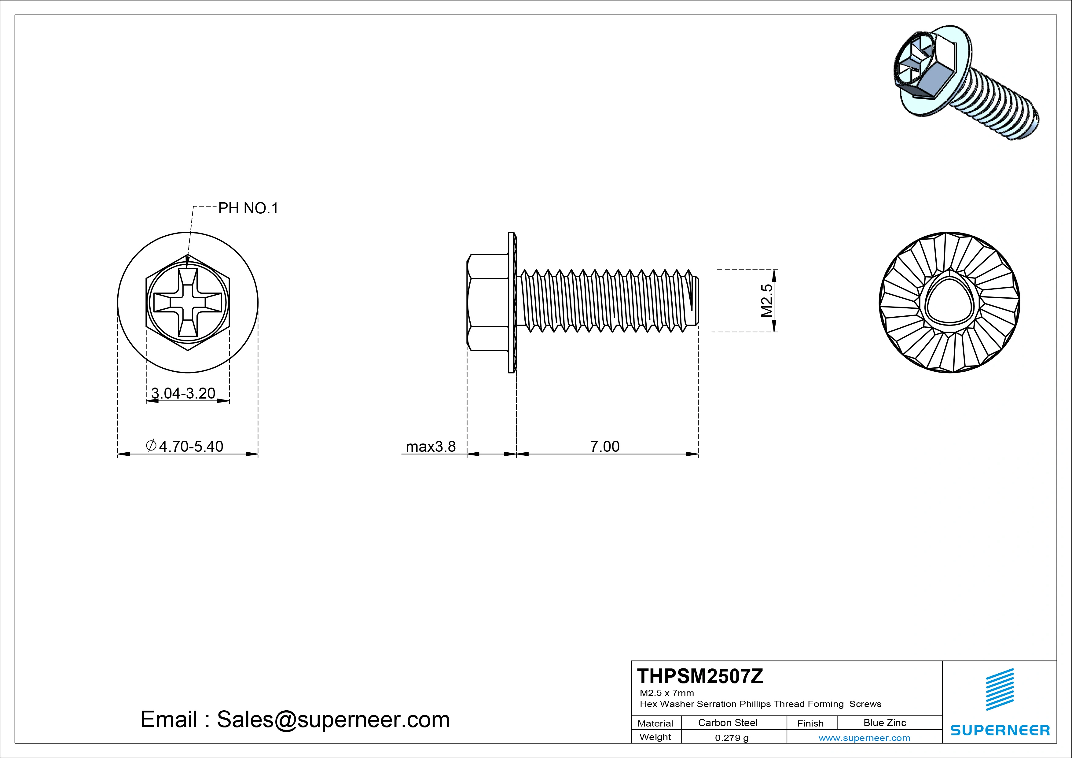 M2.5 × 7mm Indented Hex Washer Serrattion Phillips Thread Forming Screws for Metal Steel Blue Zinc Plated