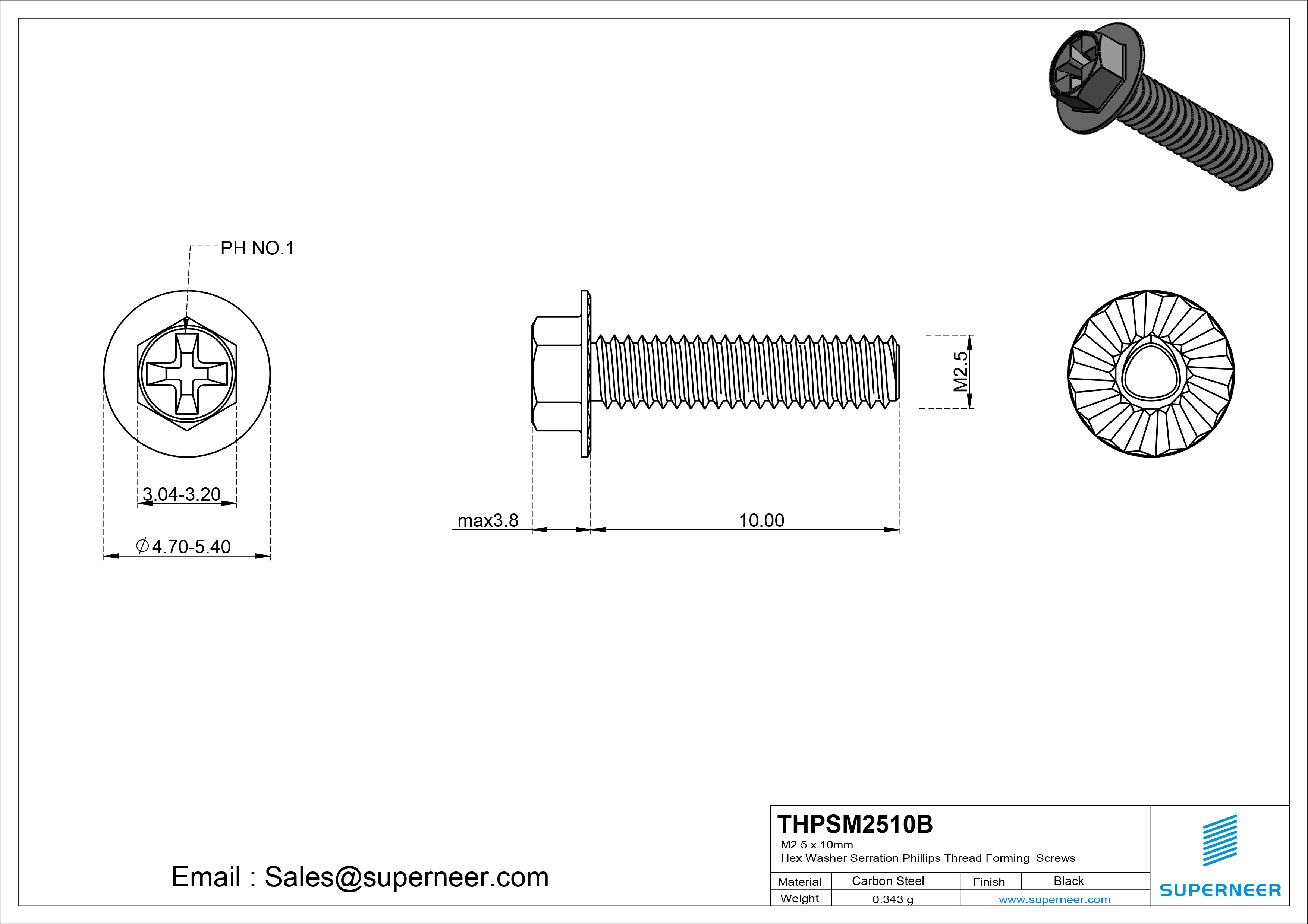 M2.5 × 10mm Indented Hex Washer Serrattion Phillips Thread Forming Screws for Metal Steel Black